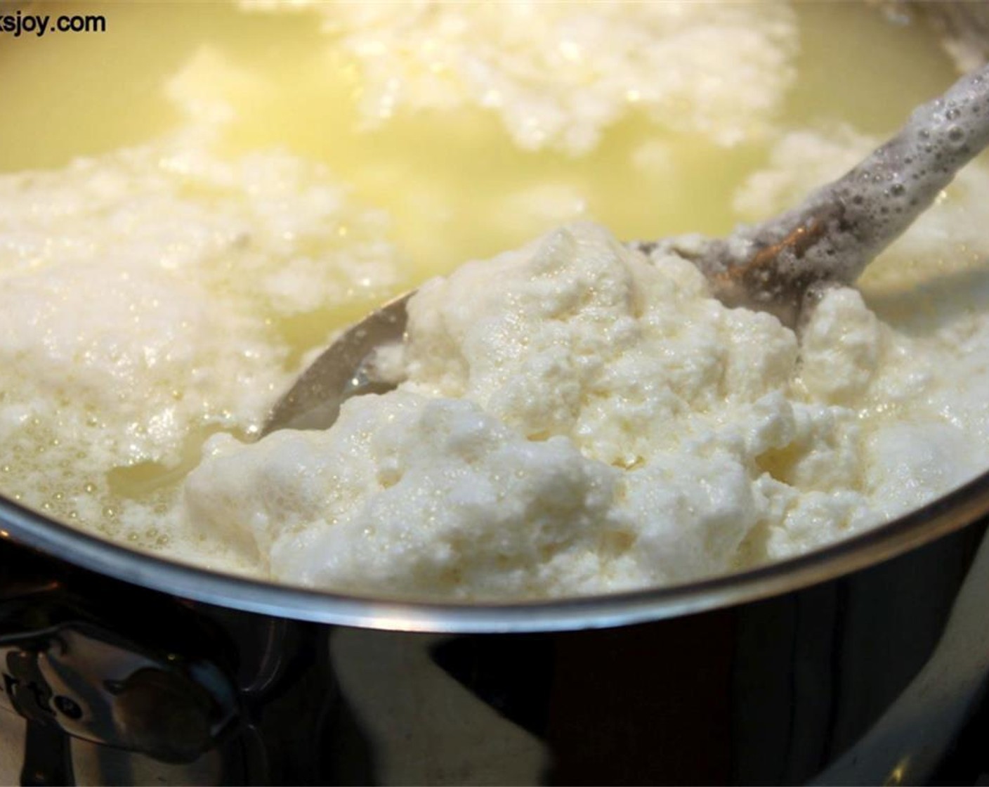 step 2 Add the Distilled White Vinegar (3 Tbsp) one tablespoon at at time while continuously stirring. Continue to stir until a clear liquid, the whey, starts to separate.