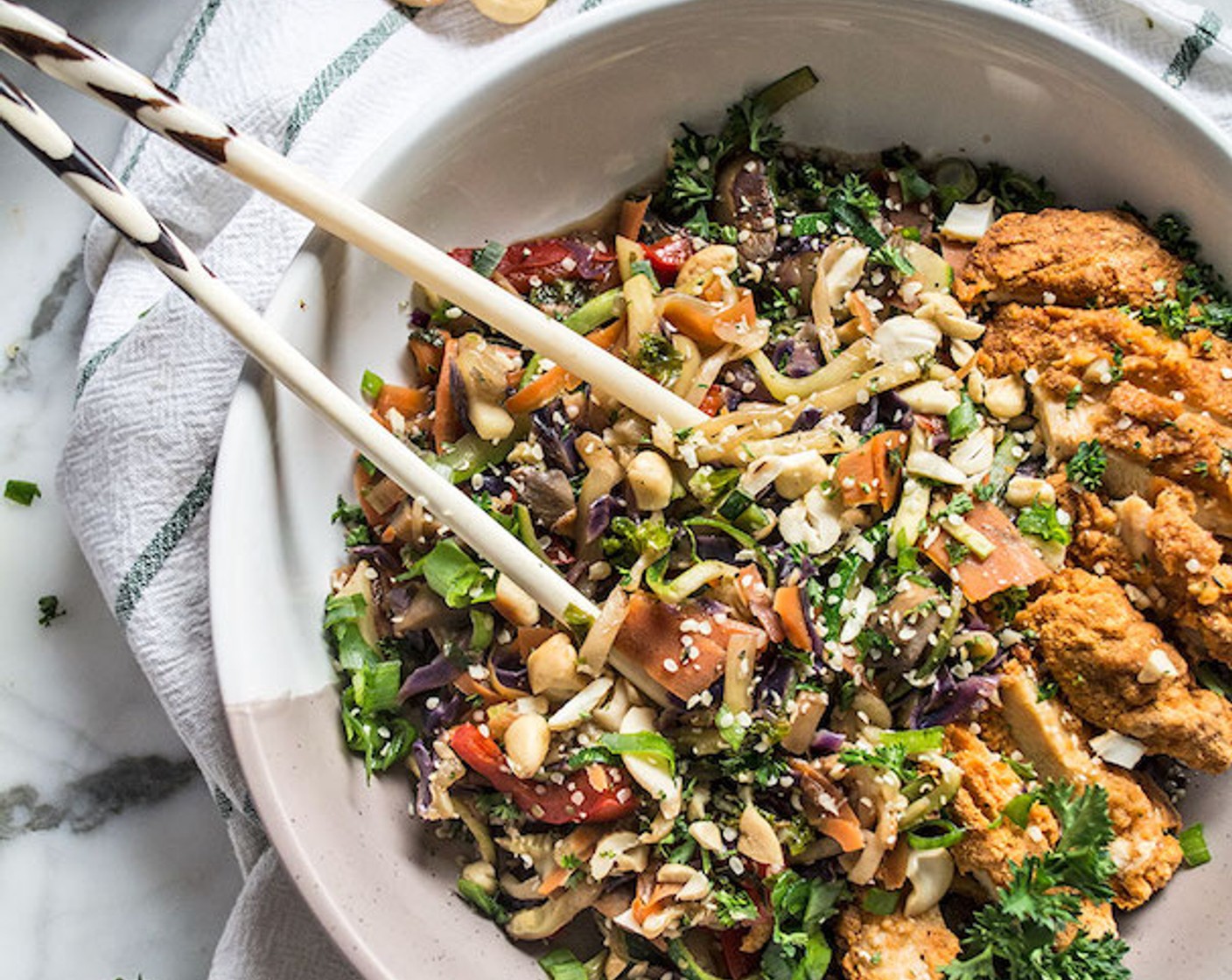 step 6 Divide among 2 or 3 bowls, add Cashew Nuts (3 Tbsp), and optional protein such as chicken, steak, or tofu. Garnish with Scallions (to taste), Fresh Herbs (to taste), and Hemp Hearts (to taste). Enjoy!