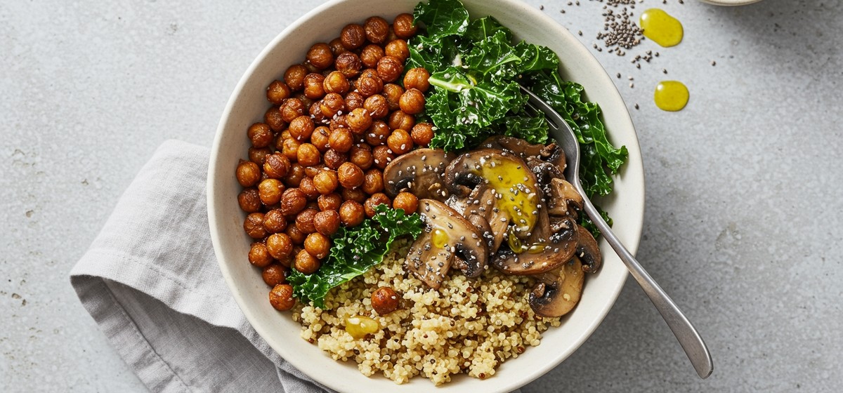 Roasted Chickpea + Mushroom Quinoa Kale Bowl Recipe | SideChef