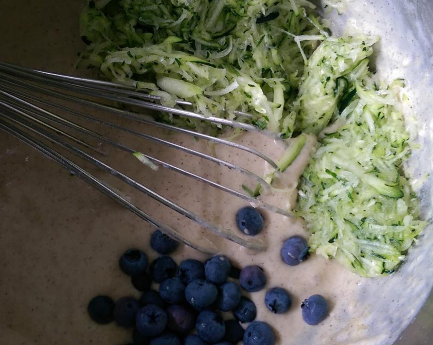 step 3 Melt Unsalted Butter (1/4 cup). Add Milk (1 cup), Egg (1) and melted butter and mix until combined. Fold in zucchini and Fresh Blueberry (1 handful).