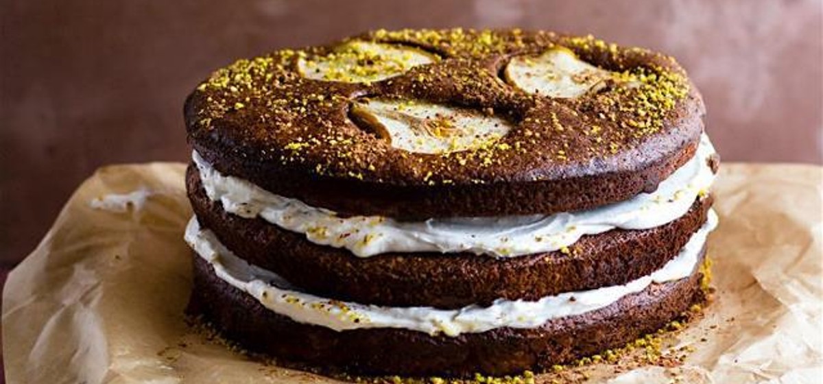 Flourless Chocolate Pistachio Pear Layer Cake Recipe | SideChef