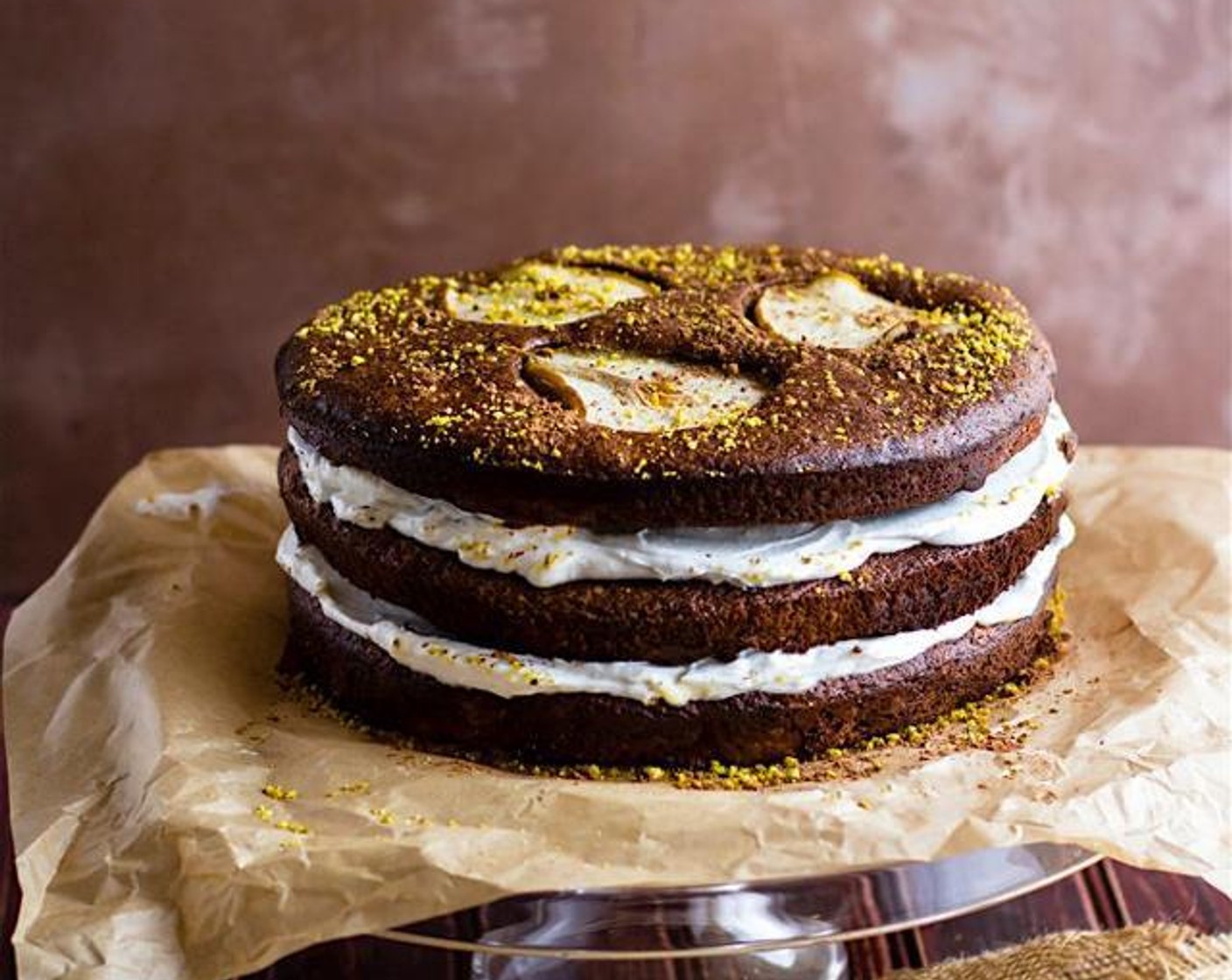 Flourless Chocolate Pistachio Pear Layer Cake