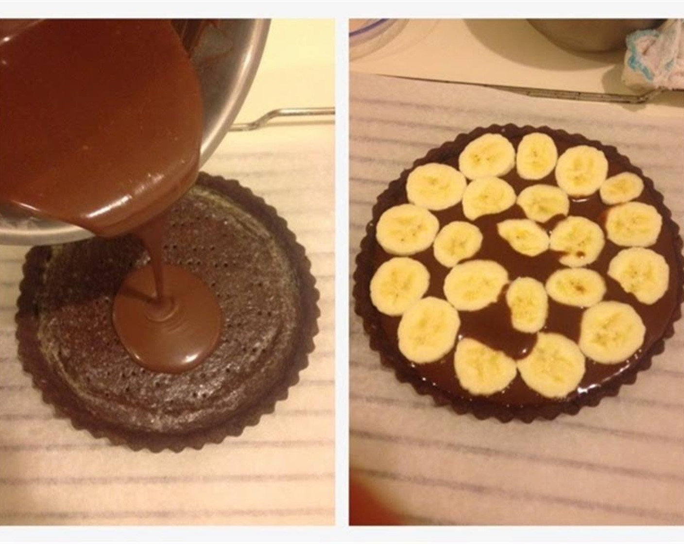 step 15 Pour the chocolate ganache into the tart shell and fill about half of the tart. Arrange the banana in the tart.