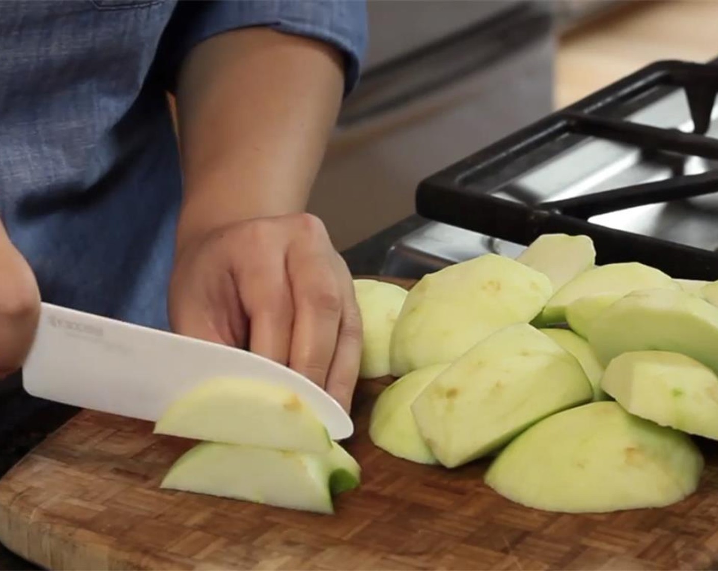 step 10 Peel the Granny Smith Apples (4) and cut around the cores. Save your peels and cores. Slice the apples in ¼-inch thick slices (thin, but not too thin).