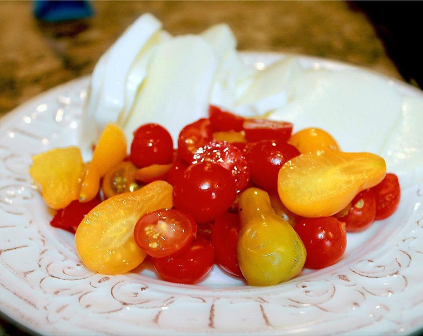 step 8 Slice the Cherry Tomatoes (2 cups) and set aside.