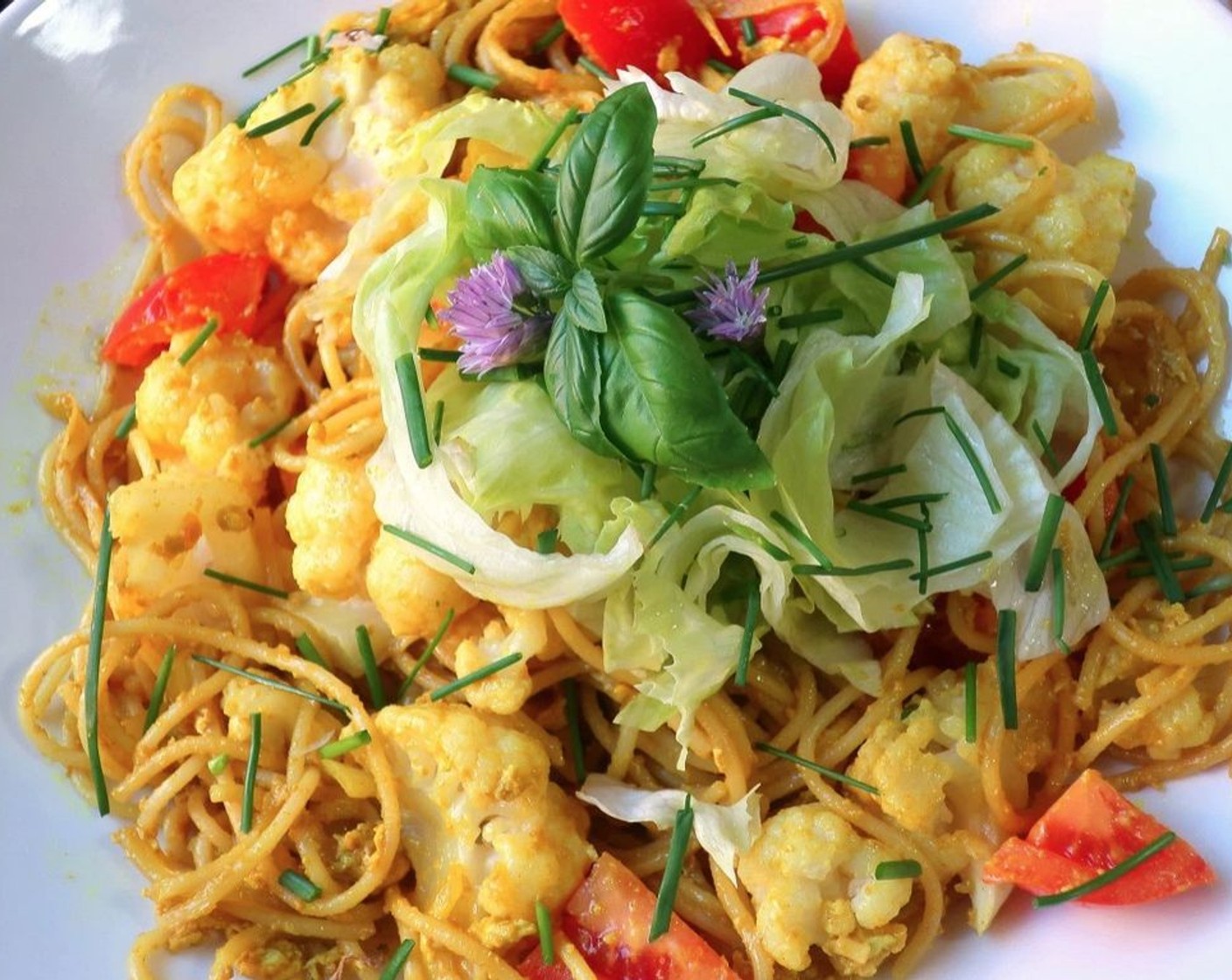 Curried Pasta with Cauliflower and Crisp Lettuce