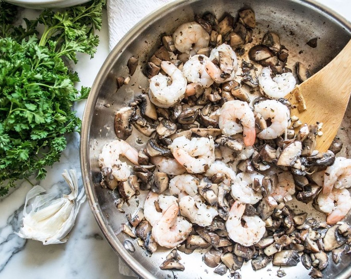 step 6 Add Frozen Shrimp (16), tails removed, to the mushrooms, then stir and cook 2-3 minutes. Remove mushrooms and shrimp from the pan, leaving as much of the juice in the pan as possible, then set aside.