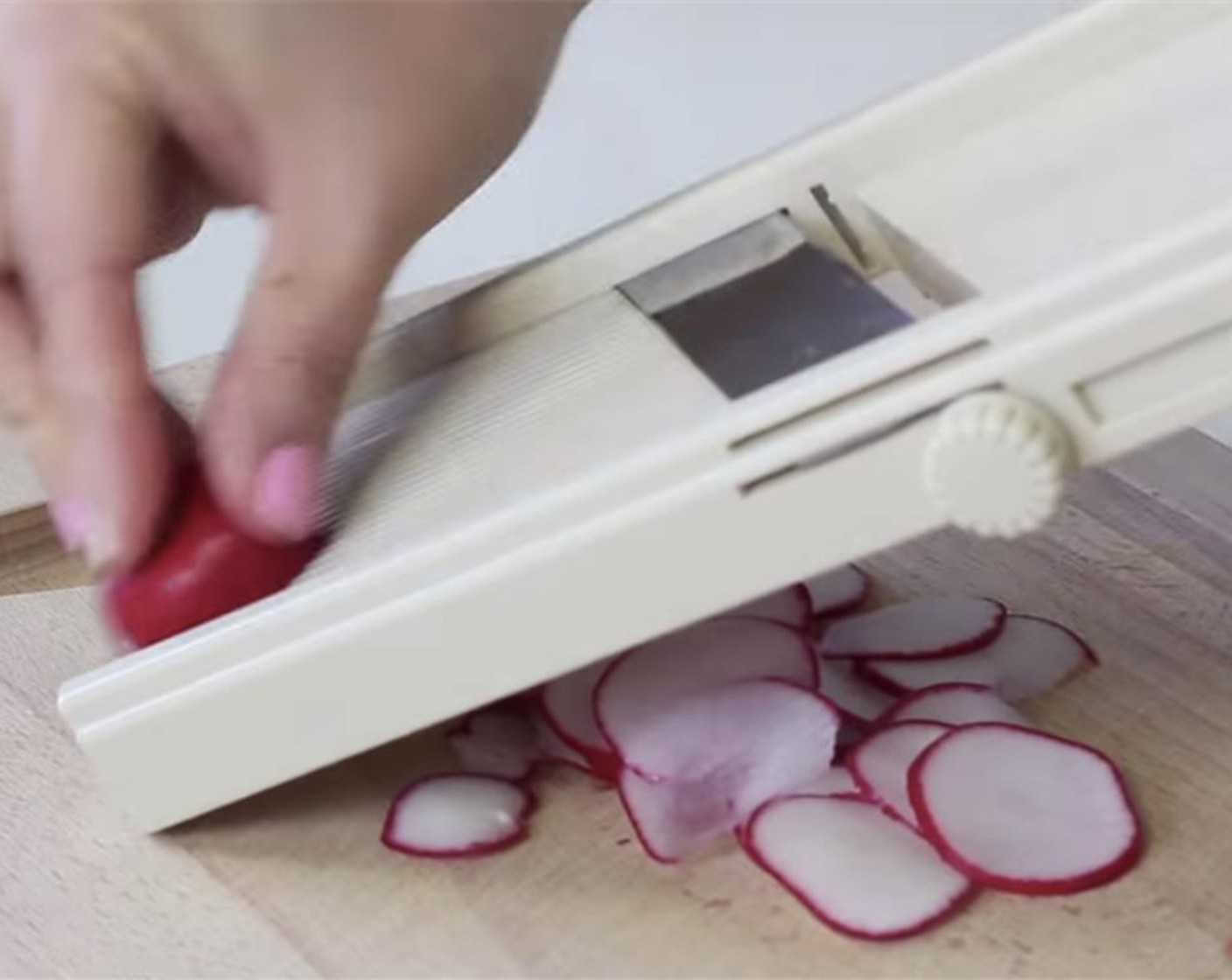 step 11 If using Radishes (to taste), slice them thinly with a madeline.