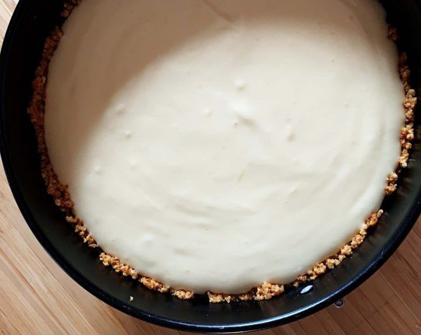 step 6 Pour the filling into the chilled crust and bake in the pre-heated oven for 40-50 minutes. Let it cool down completely once down, then put in the fridge to let it set.