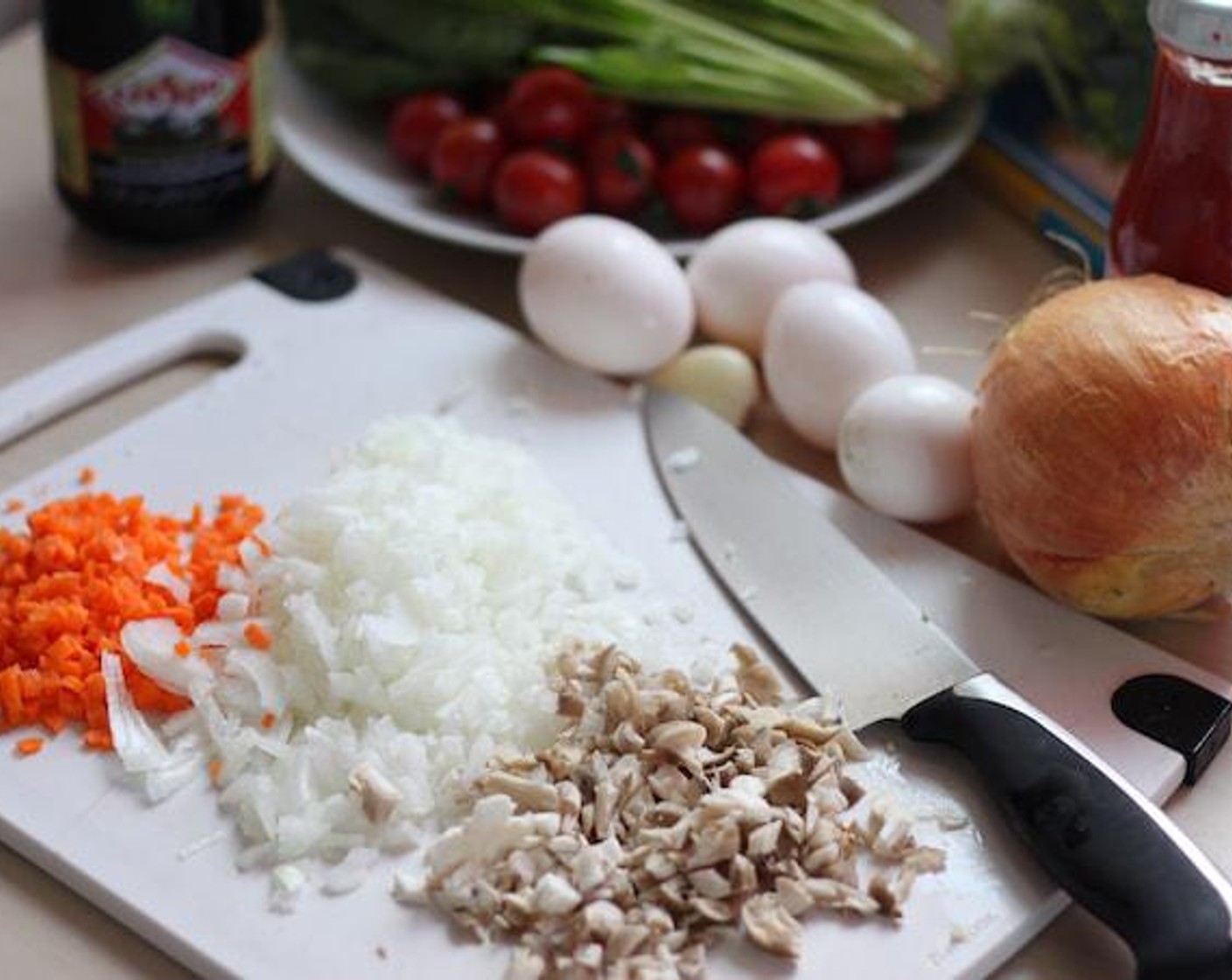 step 1 Prepare White Rice (1 1/2 cups) in a streamer or pan with 3 cups of water. While rice is cooking, start cutting Garlic (1 clove), Carrot (1), Onions (to taste), and Beech Mushrooms (1 cup) as small as possible.