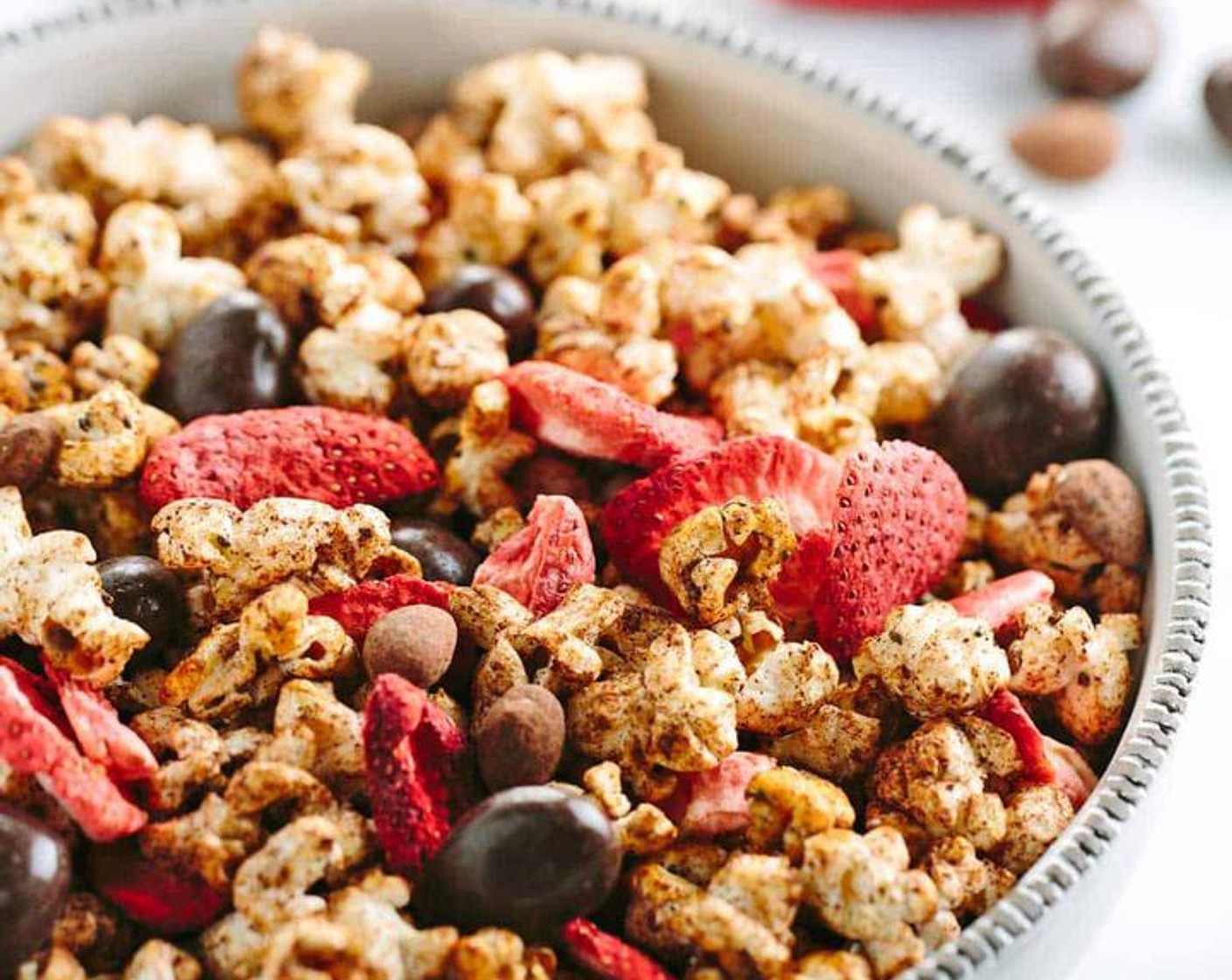 Chocolate Almond Aztec Popcorn with Strawberries