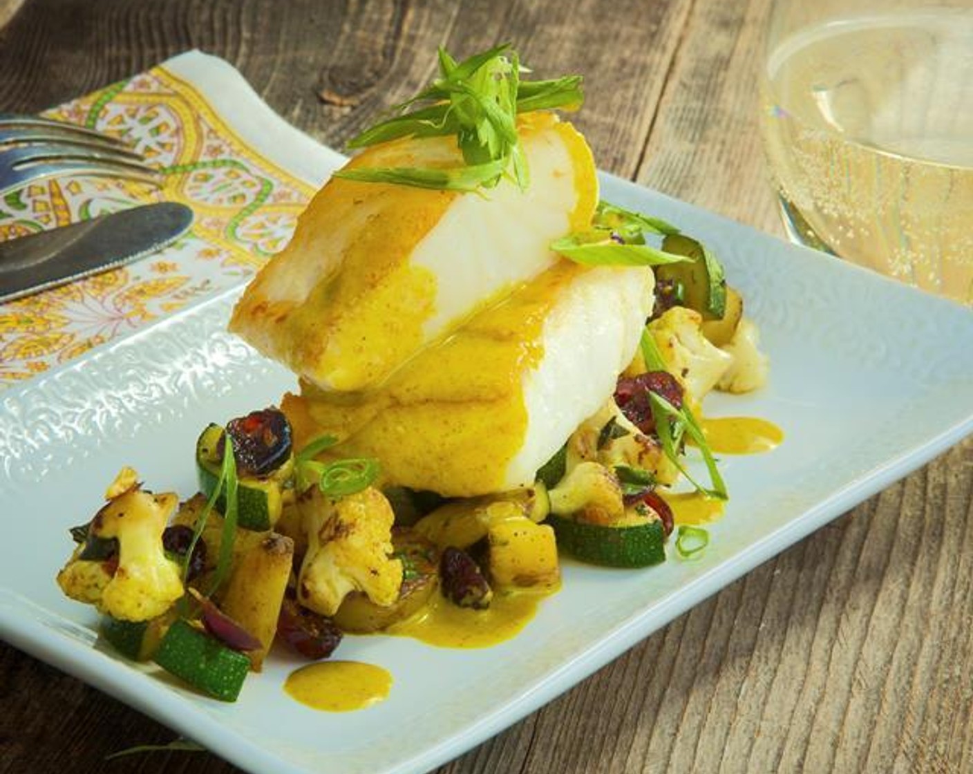 Pan Seared Halibut with Warm Curried Salad