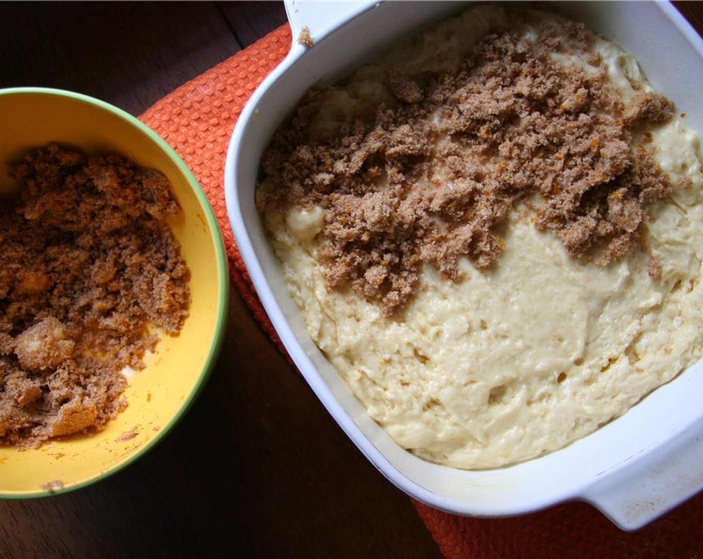 step 5 Add the liquid ingredients to the flour mixture and mix until combined. Pour into a greased 8-inch pan. Sprinkle with topping. Bake for 30 minutes.