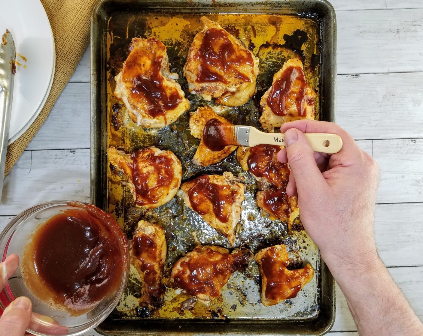 step 6 Remove the chicken from the oven and lightly brush the chicken parts with Barbecue Sauce (1/2 cup). Turn the chicken over and now brush the skin side of the chicken with more barbecue sauce. Put the chicken back in the oven for 10 minutes.