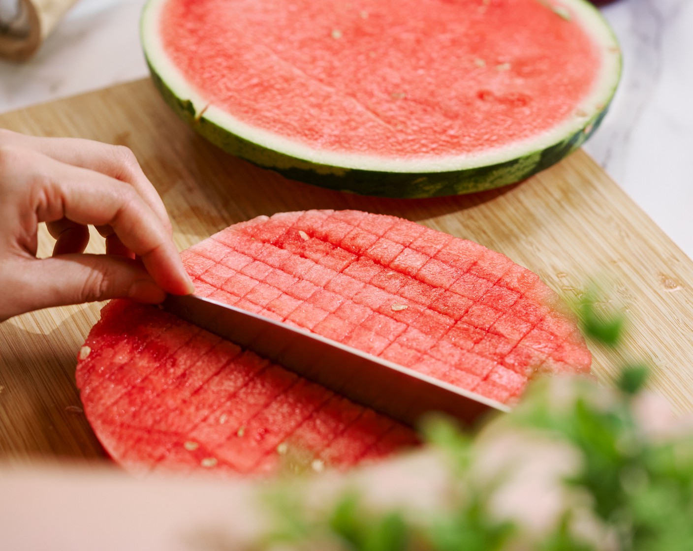 step 1 Cut Watermelons (6 cups) into small cubes depending on your preferred size. Make sure to deseed the watermelon. Set aside.