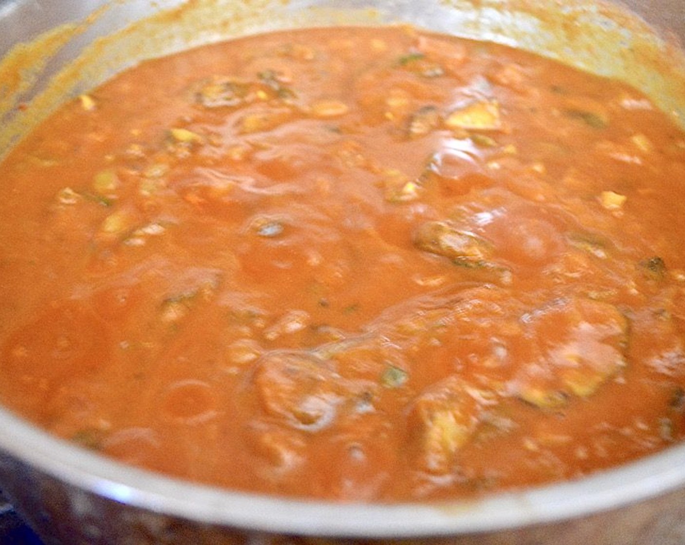 step 5 Pour in the Tomato Sauce (1 can), Milk (1/2 cup), and Vegetable Stock (1/4 cup). Let it gently simmer for 5 minutes.