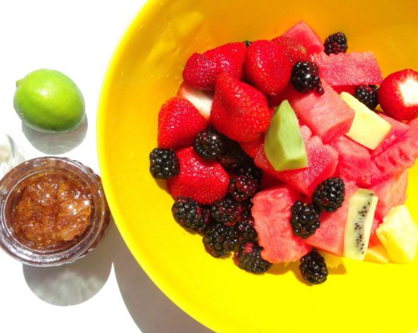 step 1 Combine Fresh Strawberries (to taste), Watermelons (to taste), and Kiwifruit (to taste) with Honey (to taste) and Lime Juice (to taste), macerate for one hour in the fridge.