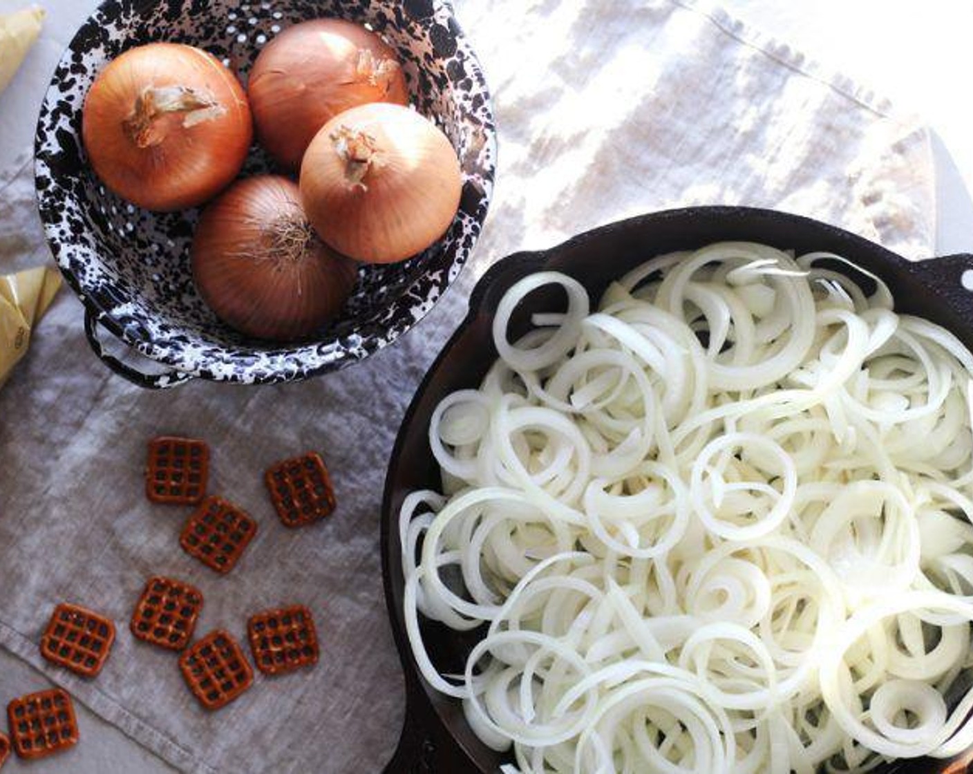 step 1 Peel and slice Yellow Onions (4) into rings about 1/8 inch to 1/4 inch thick.