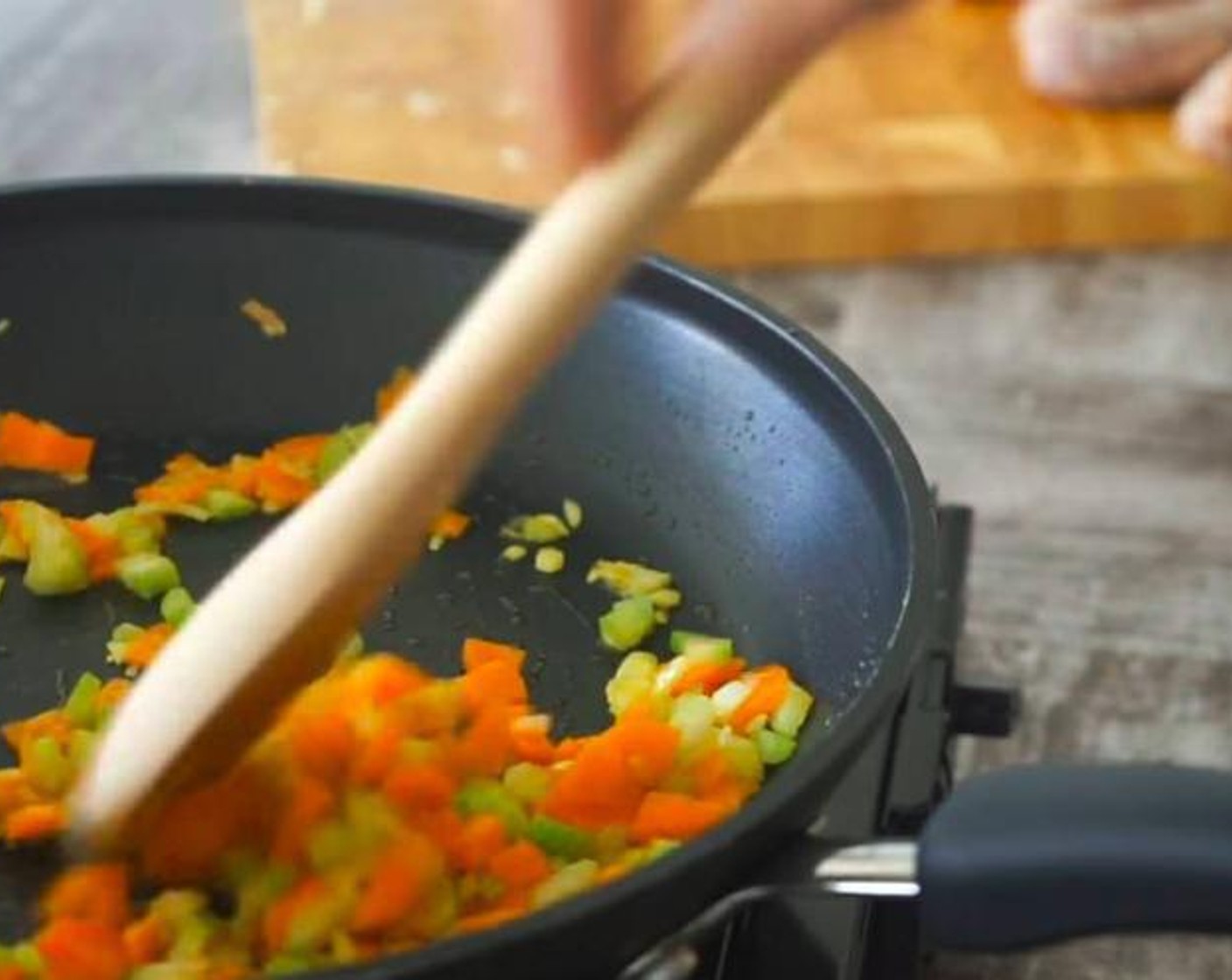 step 1 Put the saucepan on the stove at medium heat and add some Extra-Virgin Olive Oil (as needed). Add the Carrot (1), Celery (1 stalk), and Onion (1/2). Cook this for 5 minutes until it becomes nice and golden.