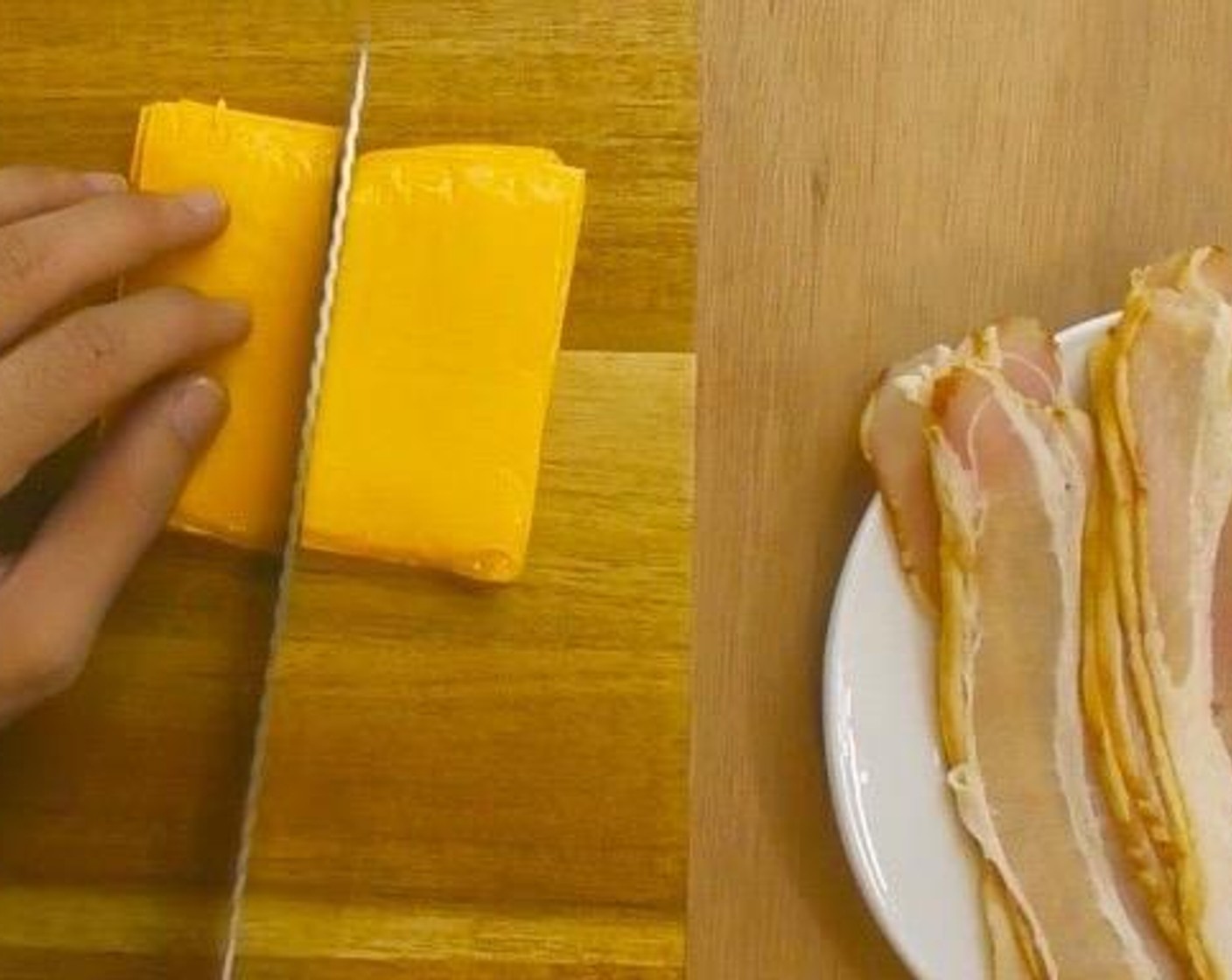 step 4 Next, cut Bacon (6 slices) and Cheddar Cheese (6 slices) into halves.