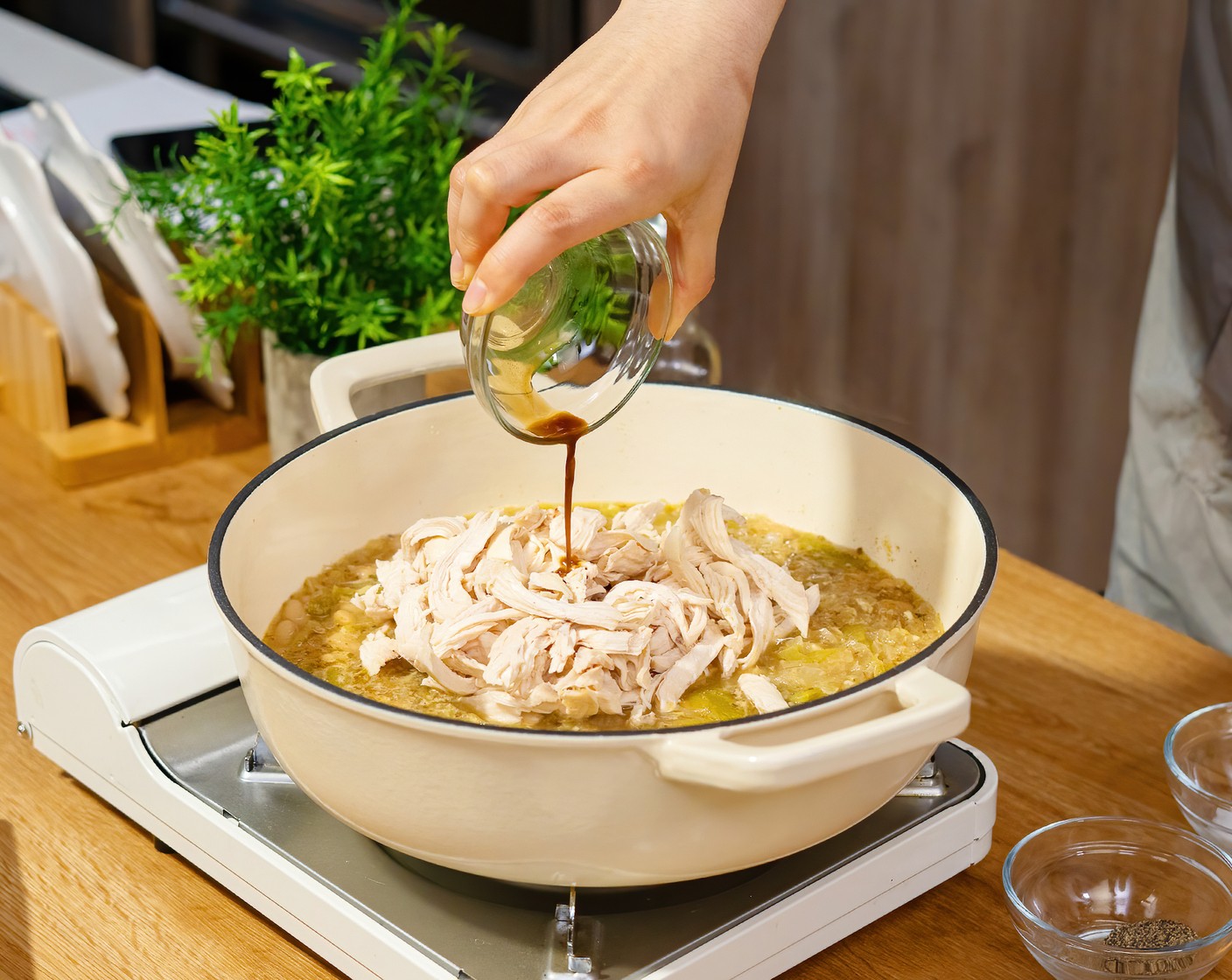 step 3 Add the Boneless Chicken Breast (1 lb). Season with Worcestershire Sauce (1/2 tsp), Salt (1/2 tsp), and Ground Black Pepper (1/2 tsp). Simmer for 5 more minutes, mashing up some beans against the side of the pot to thicken the chili.