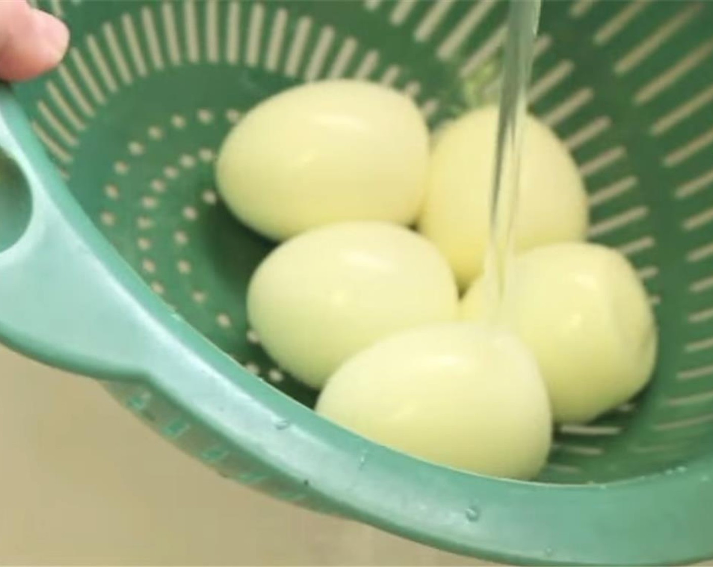 step 1 Boil the Eggs (6) for 20 minutes. Cool in ice water, and then drain. Crack and peel shells off of hard boiled eggs, and rinse.