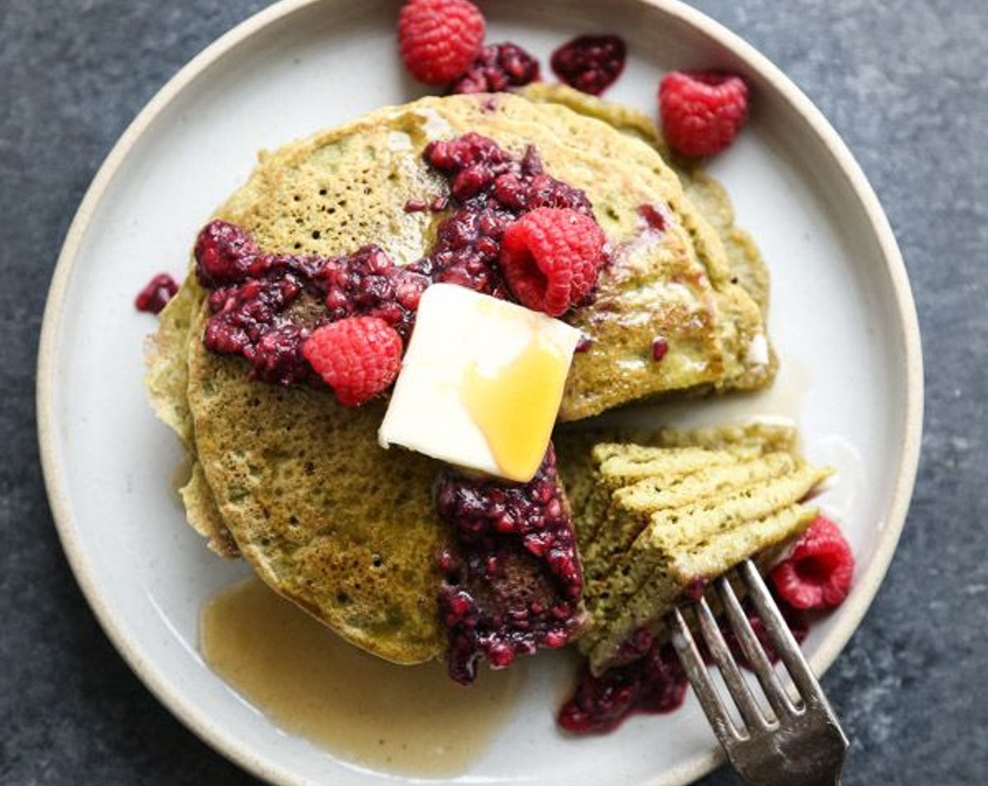 Mean Green Matcha Pancakes with Raspberry Compote