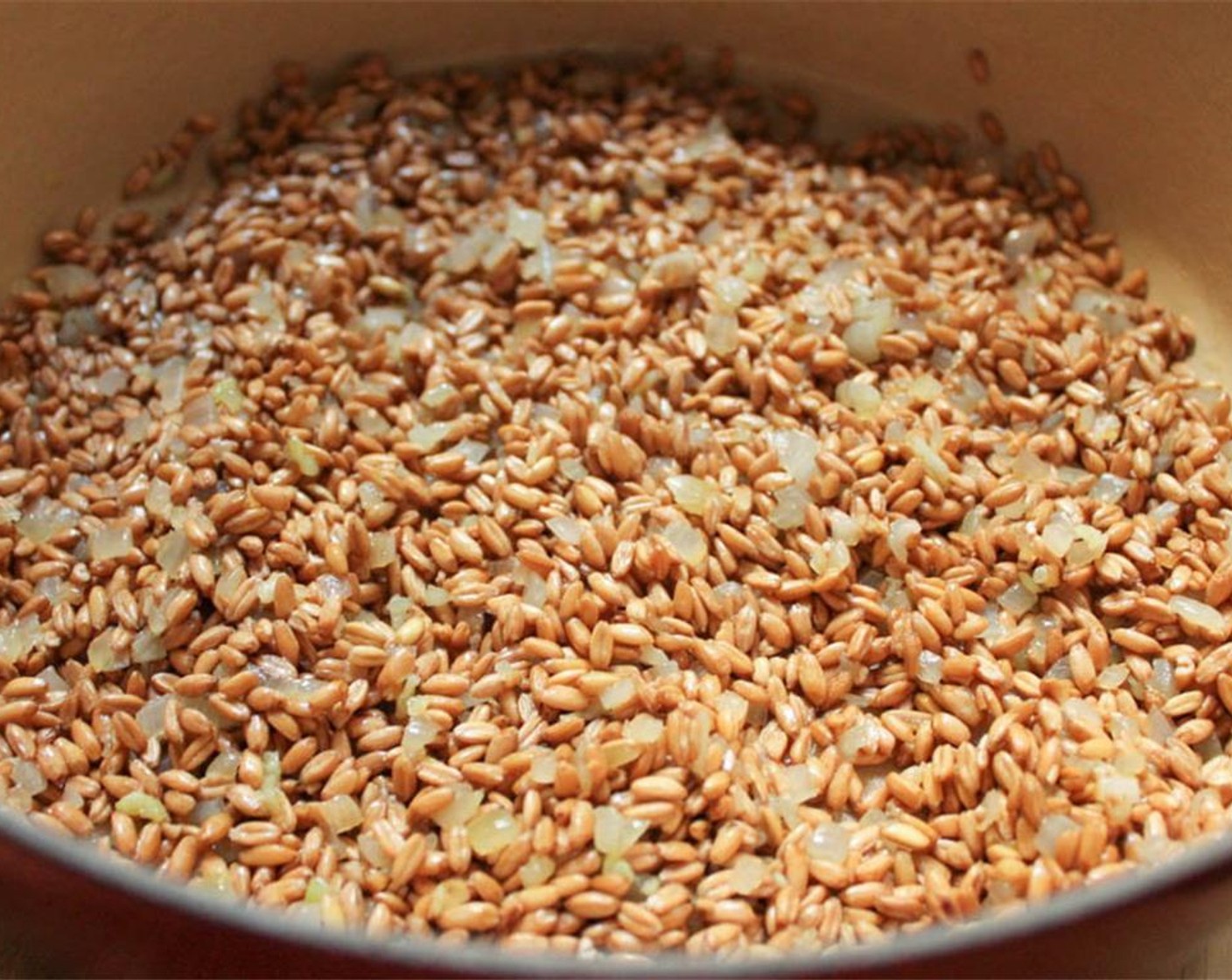 step 5 Stir in the Semi-Pearled Farro (1 1/4 cups), so that it’s well coated in the olive oil and toast for 3 minutes. Be careful not to let the shallots or grains burn.