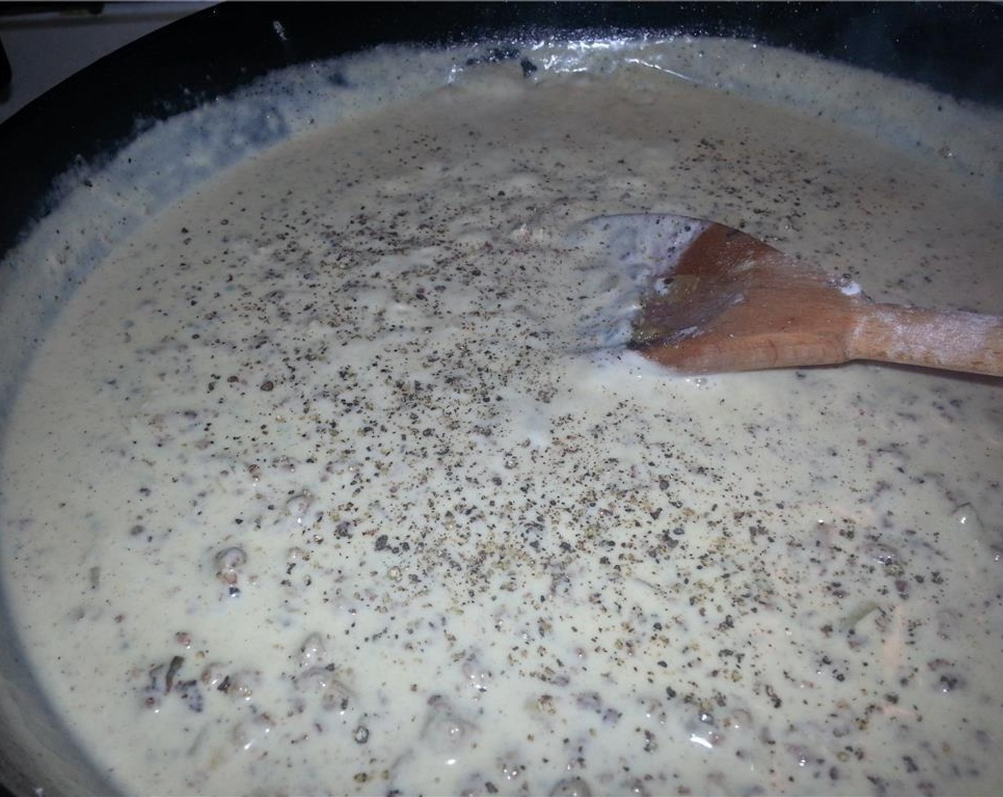 step 6 It will take about 7 to 8 minutes for the sausage gravy to thicken. If too thick, add a bit more milk until it is the right consistency. Season with Salt (to taste) and Ground Black Pepper (to taste). I like to go heavy on the black pepper.