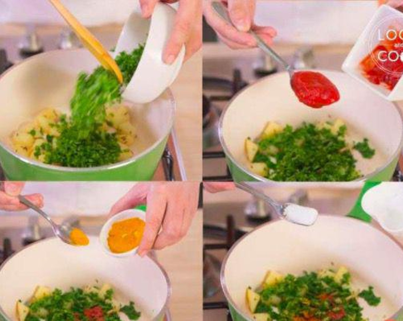 step 5 Add spinach, Canned Tomato Purée (4 Tbsp), Ground Turmeric (1 pinch) and green chilli, add Salt (to taste).