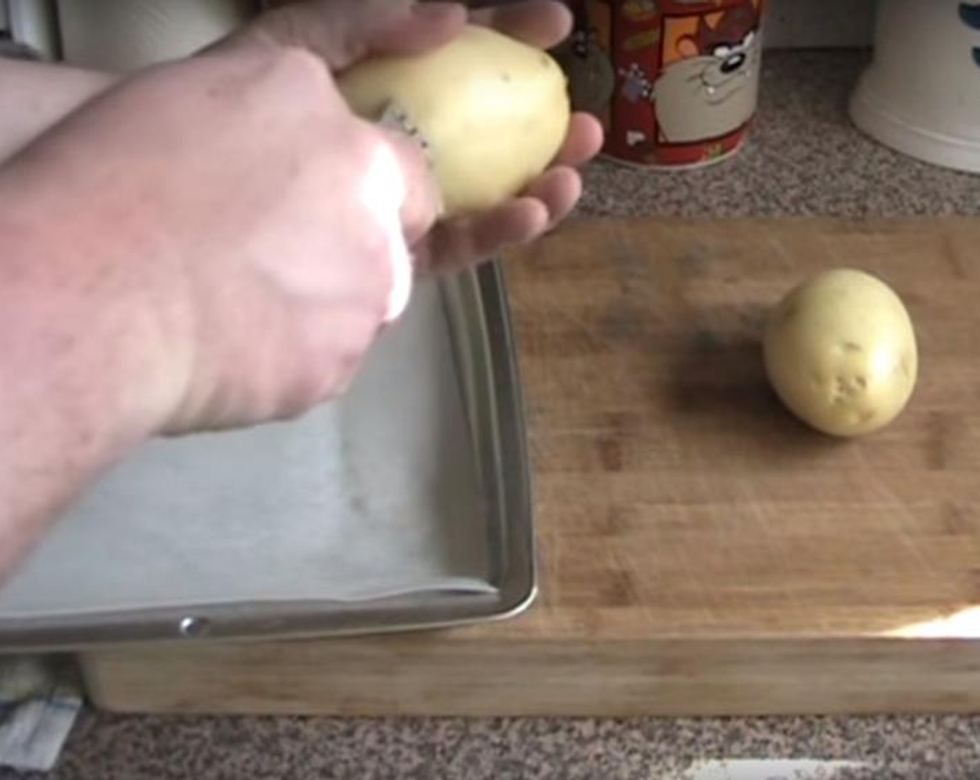 step 1 Wash and scrub the Potatoes (3). Pierce them on the sides with a fork so that they will cook nicely. Pop them on a baking tray. Spray them with Nonstick Cooking Spray (as needed) and lightly season them with Salt (to taste). Put them into the oven at 190 degrees C (375 degrees F) for an hour.