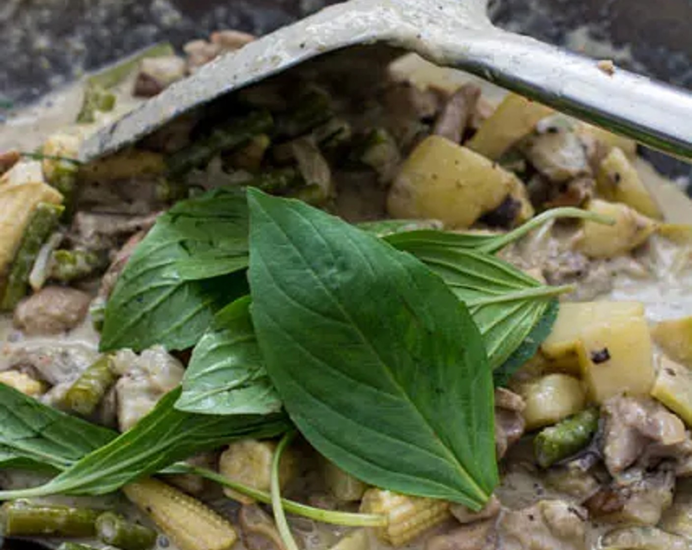 step 7 Add Brown Sugar (2 Tbsp), a pinch of the Kaffir Lime Leaves (3), Fish Sauce (2 Tbsp), and Fresh Basil Leaf (1/2 cup) to the curry. Give all the ingredients a good stir to combine.