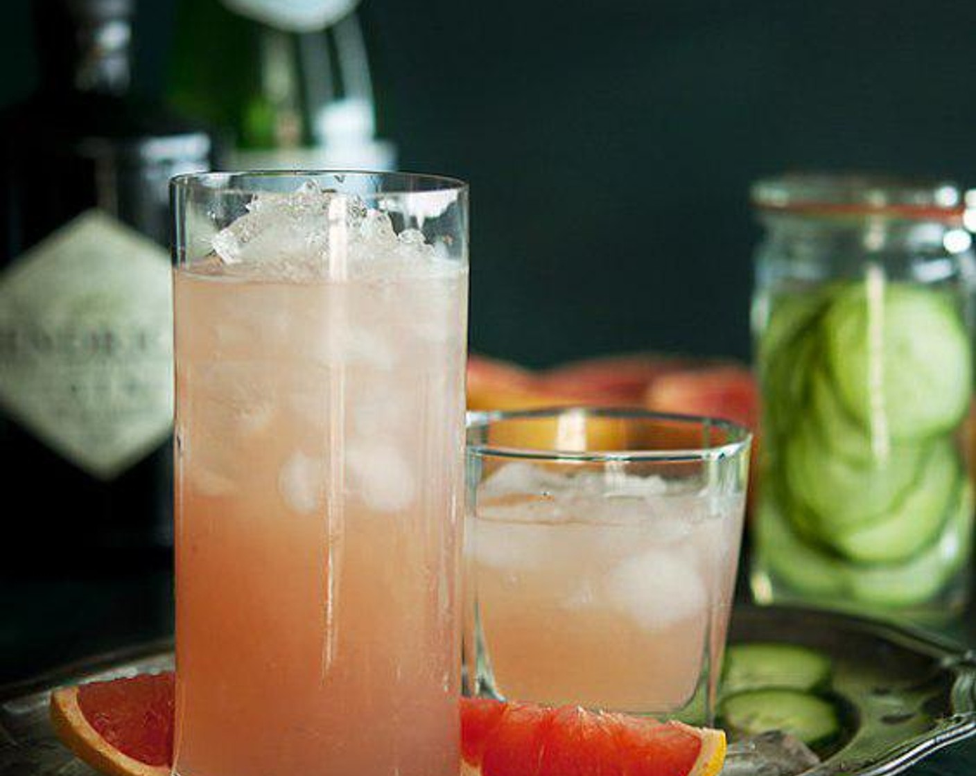 step 5 To assemble, place Ice (1 handful) into glasses, add 1–2 shots of gin (depending on how strong you like it), 1 tablespoon of syrup, grapefruit juice, and top with Soda Water (1/3 cup).