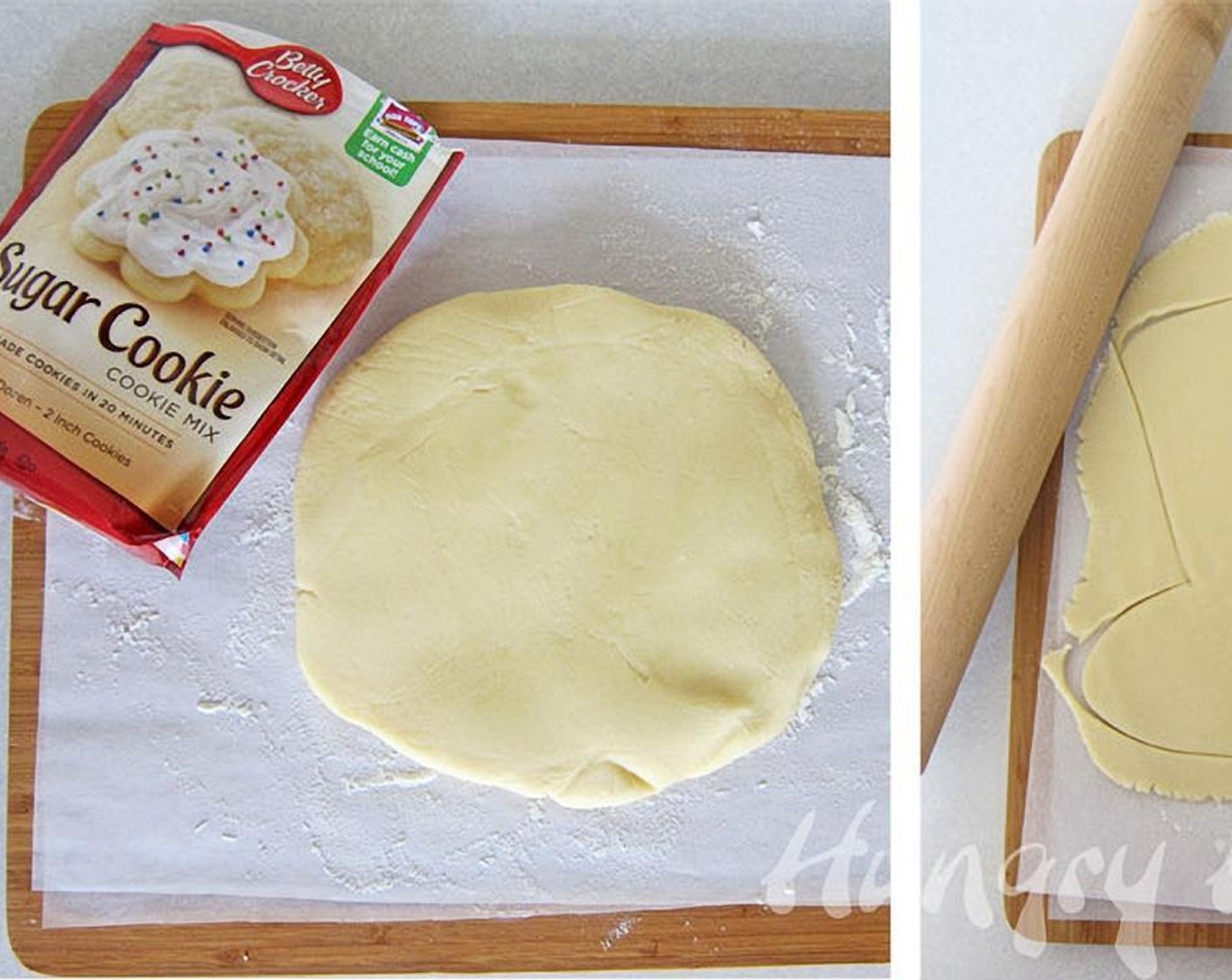 step 1 MIx Sugar Cookie Mix (1 pckg), All-Purpose Flour (2 Tbsp), Butter (1/2 cup) and Egg (1) until well combined. Scoop dough out of bowl, shaped into a round disc, then wrap in plastic wrap and refrigerate for 30 minutes.