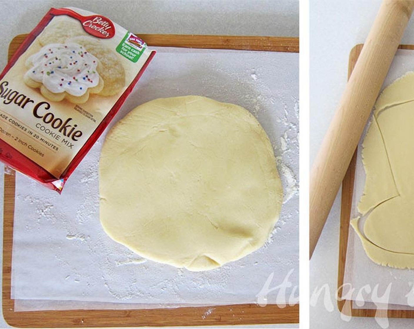 step 1 MIx Sugar Cookie Mix (1 pckg), All-Purpose Flour (2 Tbsp), Butter (1/2 cup) and Eggland's Best Classic Egg (1) until well combined. Scoop dough out of bowl, shaped into a round disc, then wrap in plastic wrap and refrigerate for 30 minutes.