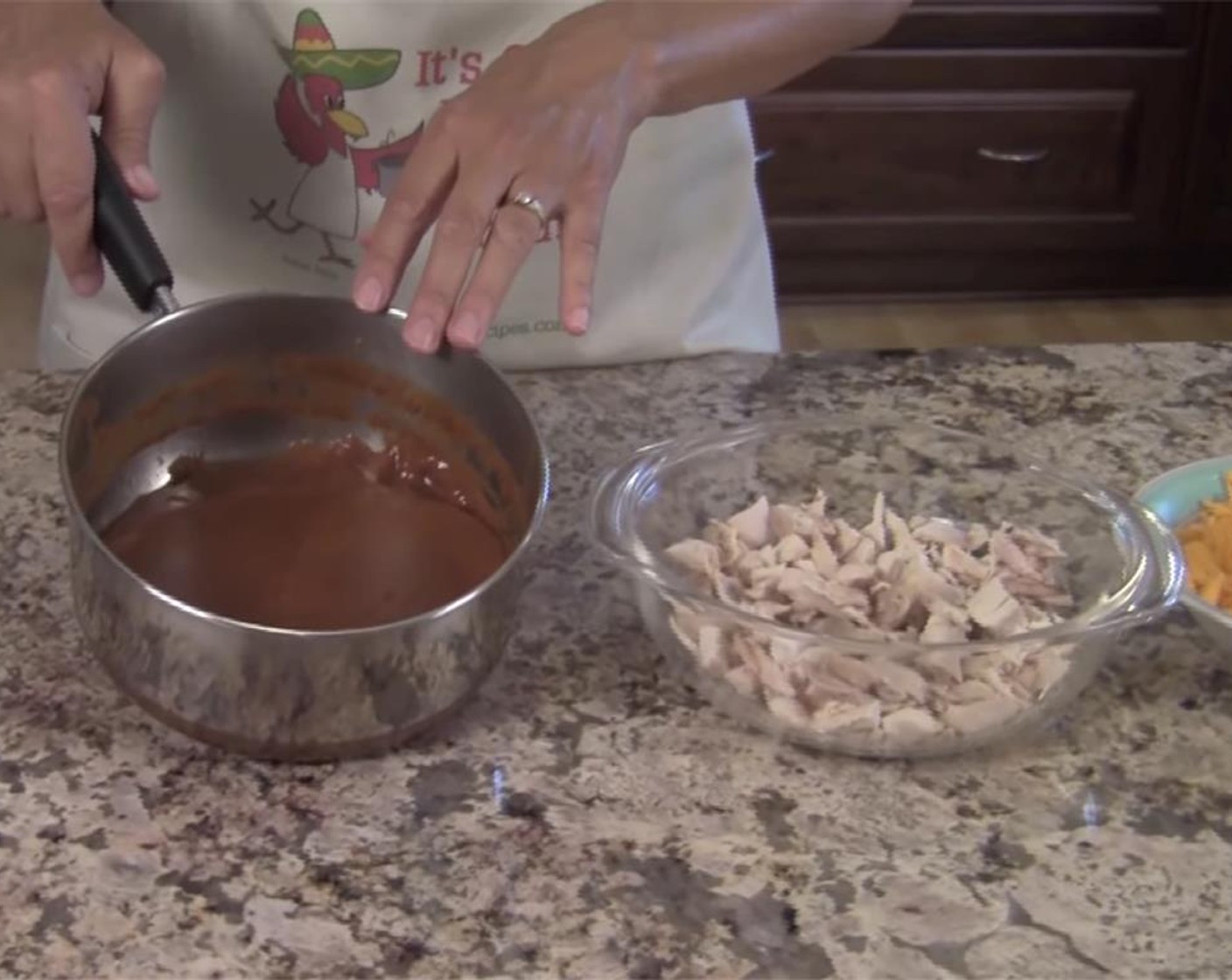 step 6 Rinse the Whole Chicken (1) in cold water, and place in a stock pot. Fill it with water. Boil the chicken for about 1/2 hour. Remove chicken to cool. Once cool enough to handle, remove skin, debone, and chop into inch sized pieces.