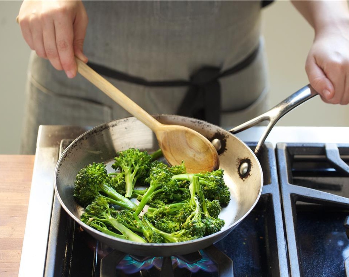 step 11 Add the Broccolini (1 3/4 cups), Salt (1/4 tsp), and Water (1 Tbsp), and cook for three 3 until tender. Remove from heat and set aside for plating.