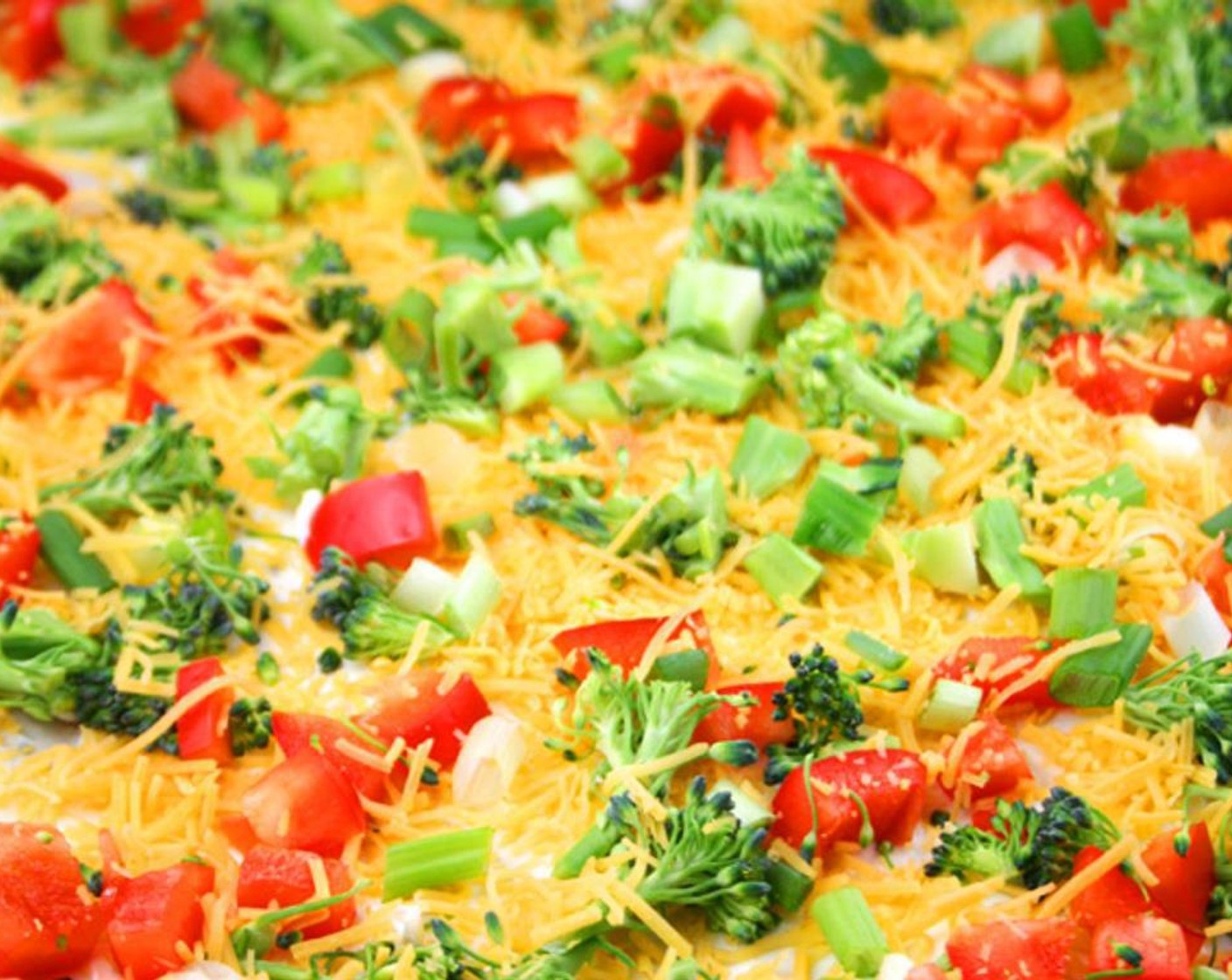 step 5 Top with Broccoli (1 cup), Red Bell Pepper (1 cup), Scallion (1 bunch), and Cheddar Cheese (1 1/2 cups).