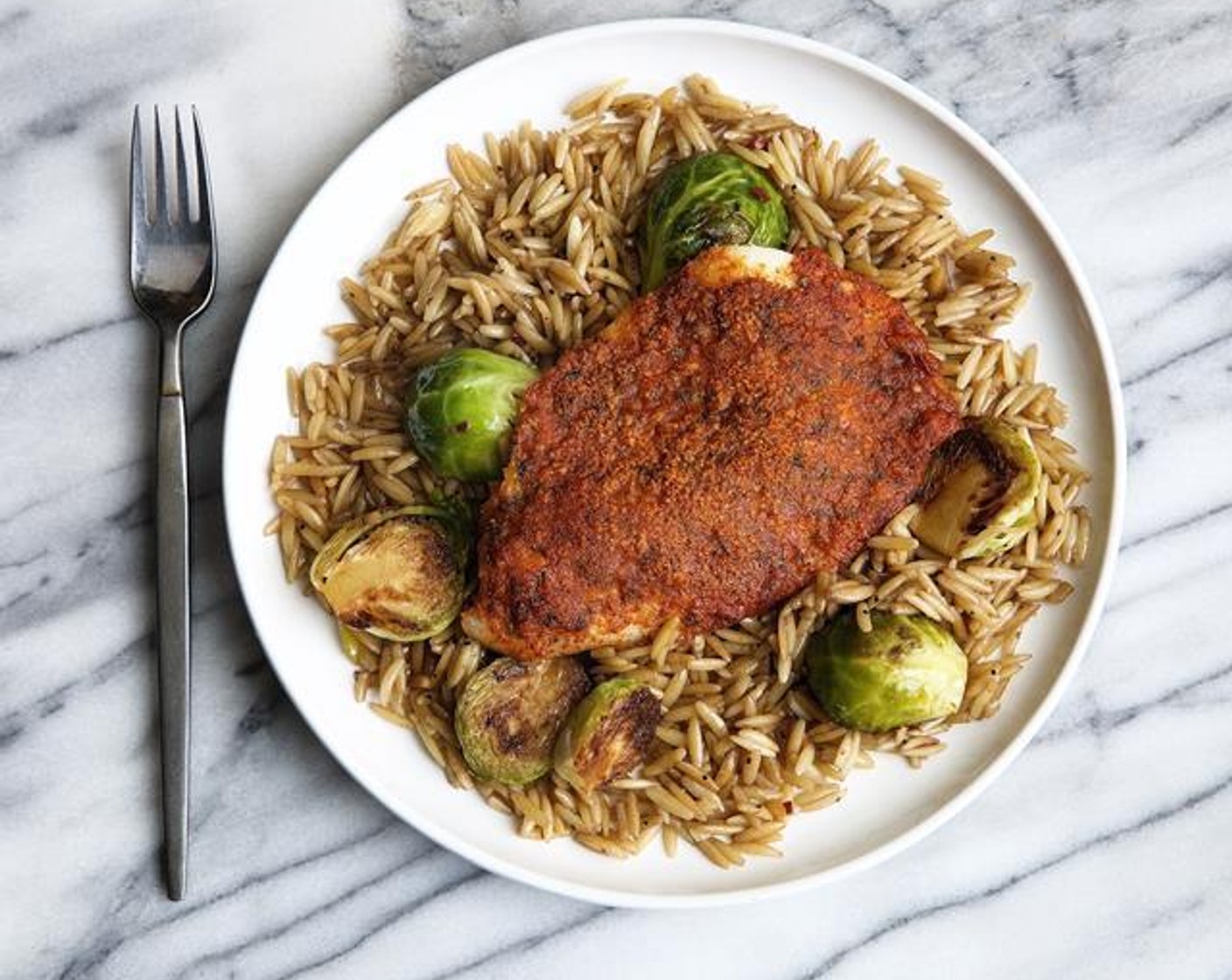 Parmesan Crusted Tilapia with Orzo and Sprouts