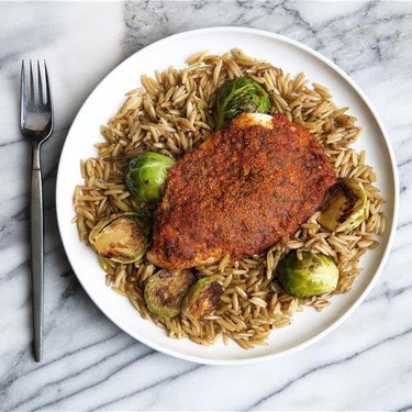 Parmesan Crusted Tilapia with Orzo and Sprouts Recipe | SideChef