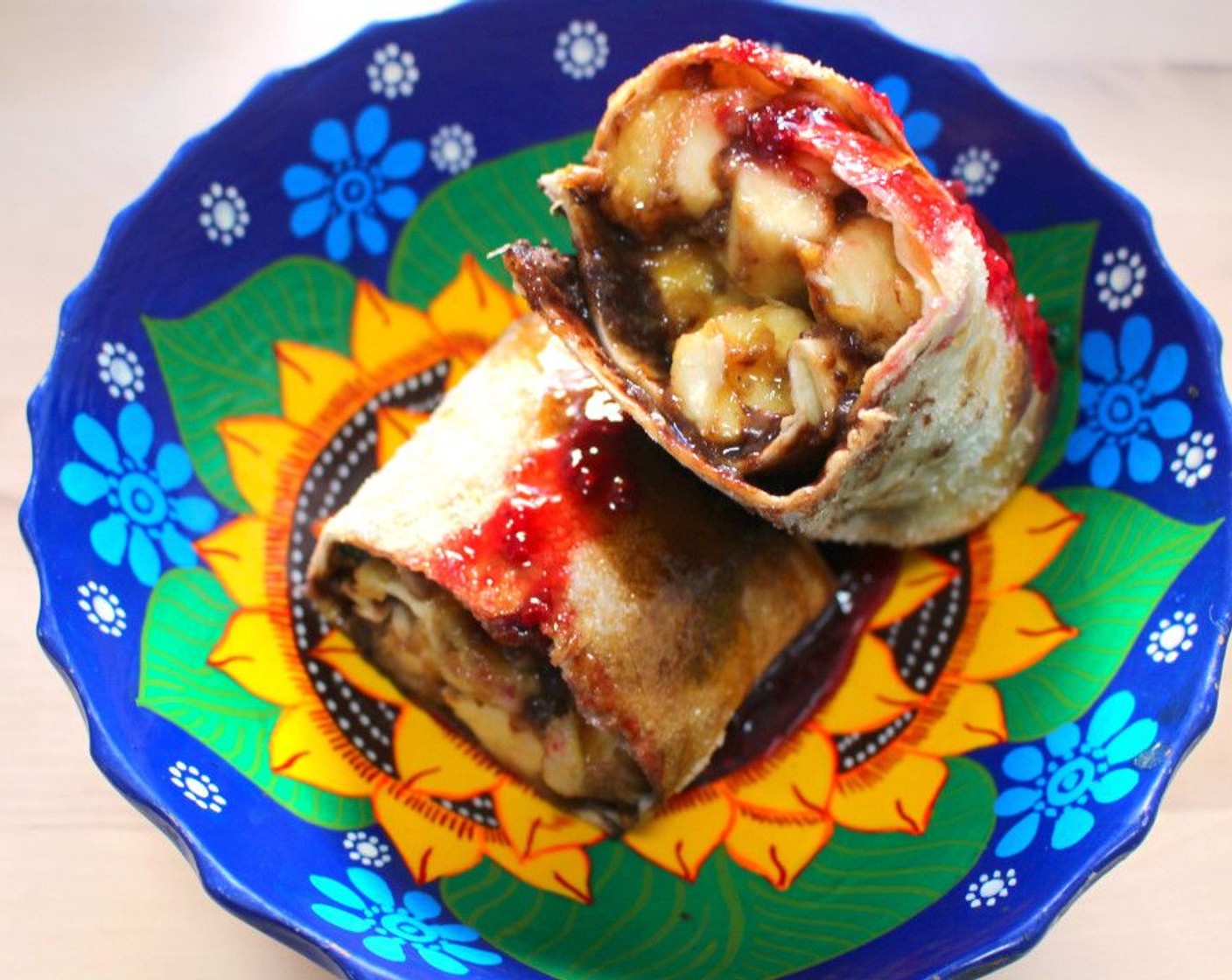 Caramelized Banana and Chocolate Burrito with Strawberry Preserve