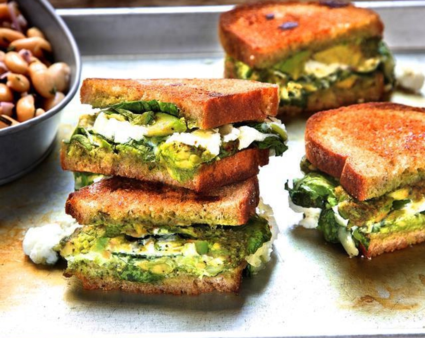 Spinach Pesto Grilled Cheese with Cannellini Salad