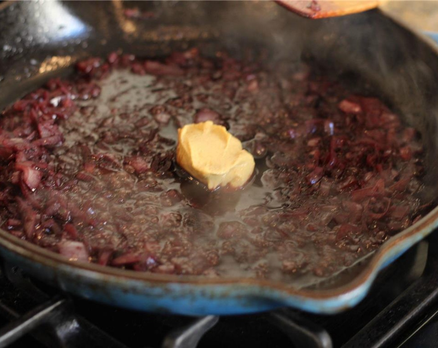step 5 When the wine is reduced, add Balsamic Vinegar (1 Tbsp), Brown Sugar (2 tsp), and Dijon Mustard (1 tsp). Combine until thickened (when sauce coats the back of a spoon).