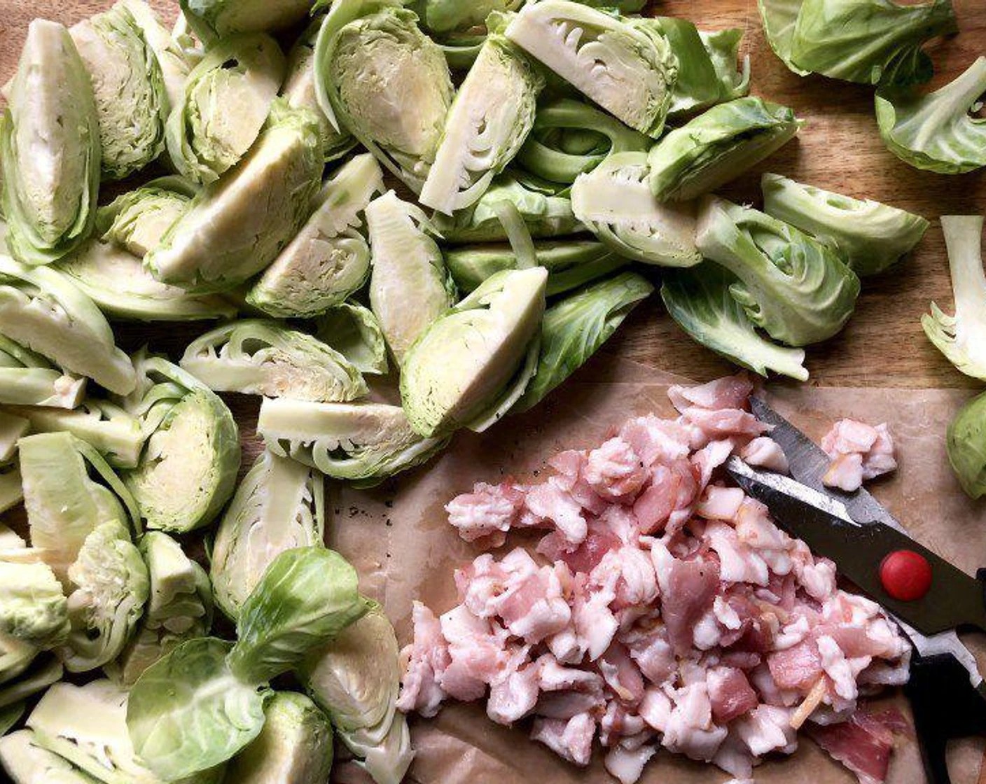 step 2 Place the Brussels Sprouts (7 1/2 cups) on a sheet pan along with the Smoked Bacon (4 oz).