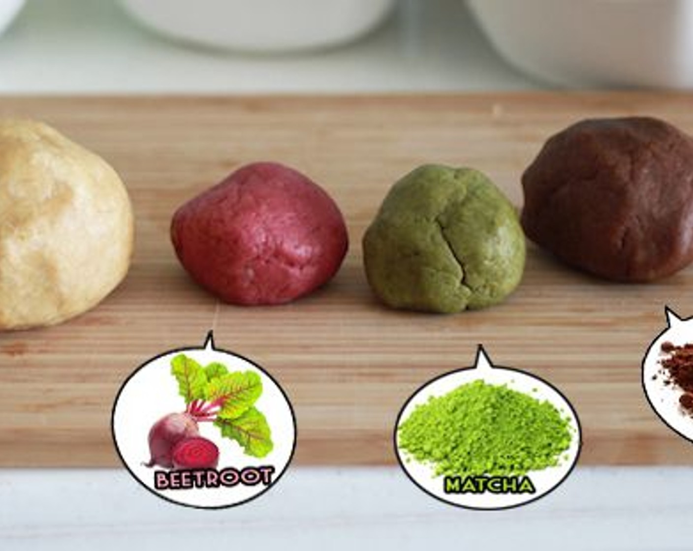 step 9 Color your dough using Matcha Powder (3 Tbsp), the Homemade Red Food coloring (4 tablespoons), and Unsweetened Cocoa Powder (3 Tbsp).