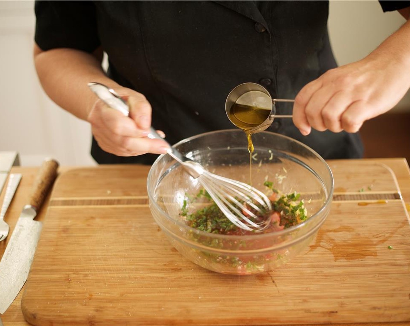 step 2 Zest and juice Lemon (1) into a large bowl. Add Dried Oregano (1 tsp) and stir. Finely chop Fresh Mint (1/3 cup) and Garlic (2 cloves) and add to the bowl. Add Red Wine Vinegar (1/2 Tbsp), Salt (1 tsp) and Ground Black Pepper (1/2 tsp). Slowly whisk in Olive Oil (1/4 cup).