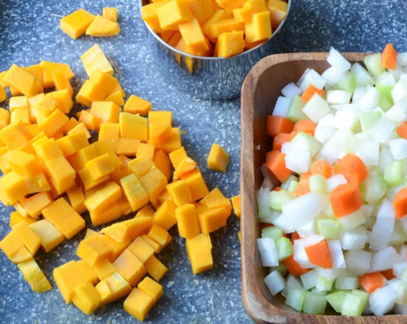 step 1 In a large dutch oven or heavy bottomed pot, heat the Olive Oil (3 Tbsp) over medium heat. Add the Celery (2 stalks), Carrots (2), Onion (1) and Butternut Squash (3 cups).