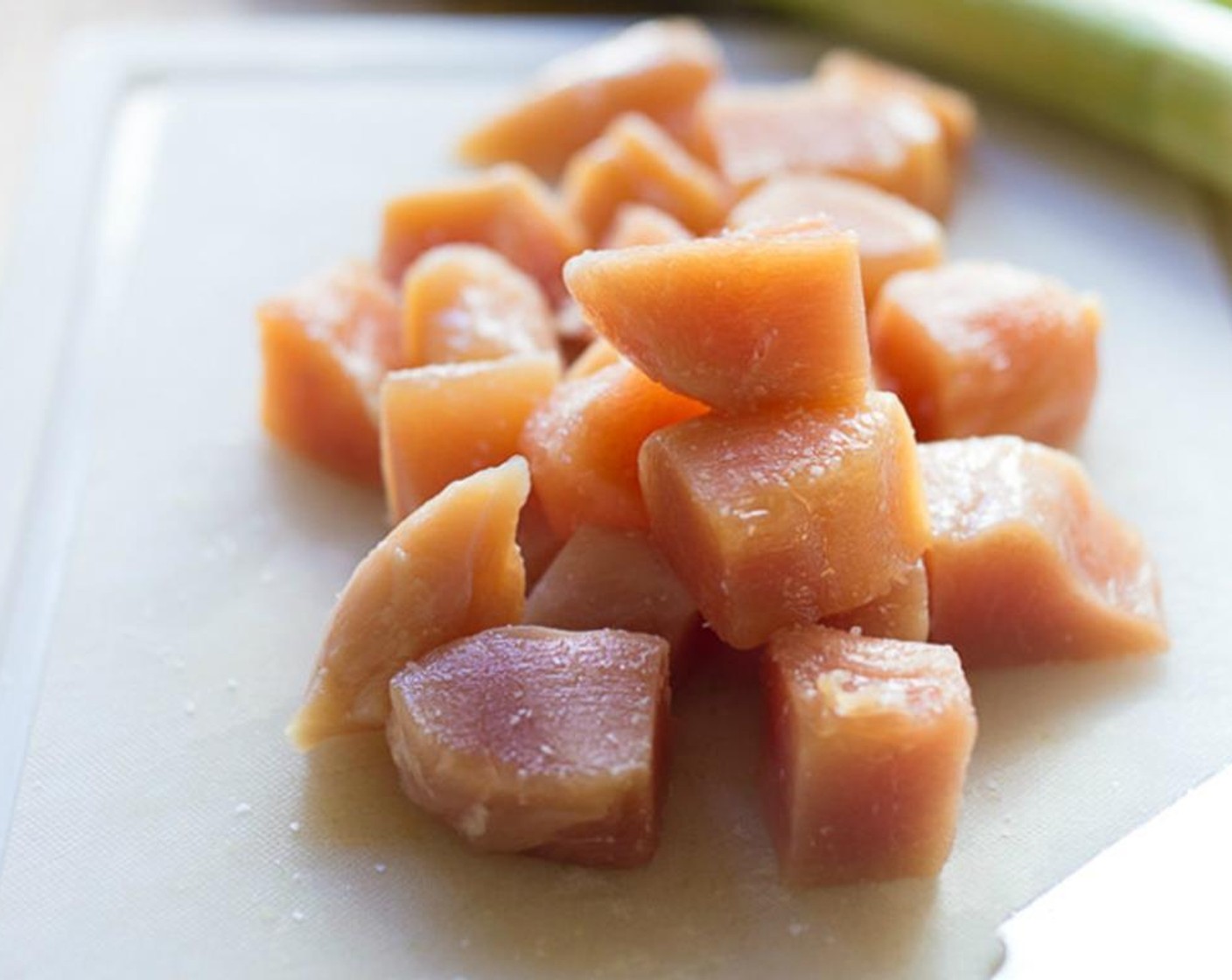 step 5 Cut Boneless, Skinless Chicken Breast (1 lb) into 1-inch cubes. Generously season the chicken with salt and pepper on all sides.