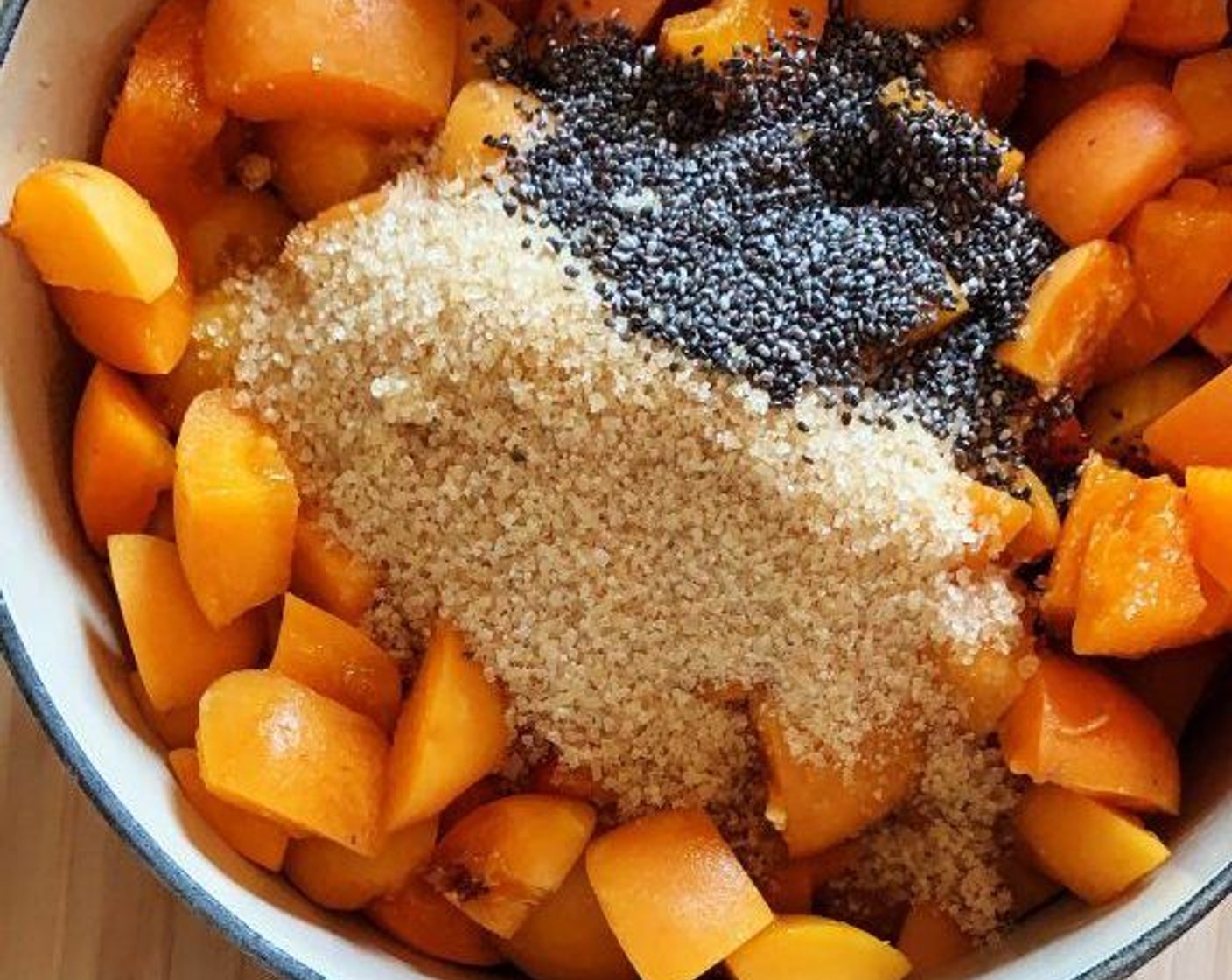 step 1 Add the Apricots (8 cups), Coconut Sugar (3/4 cup) and Chia Seeds (2 Tbsp) to a pot. Cover with a lid and bring to a simmer. Stir well and let the fruit cook on low, for a few hours. You do not need to add any water, the fruit will slowly release enough on its own. As it starts to get thicker, stir more often to avoid it to stick at the bottom of the pan.