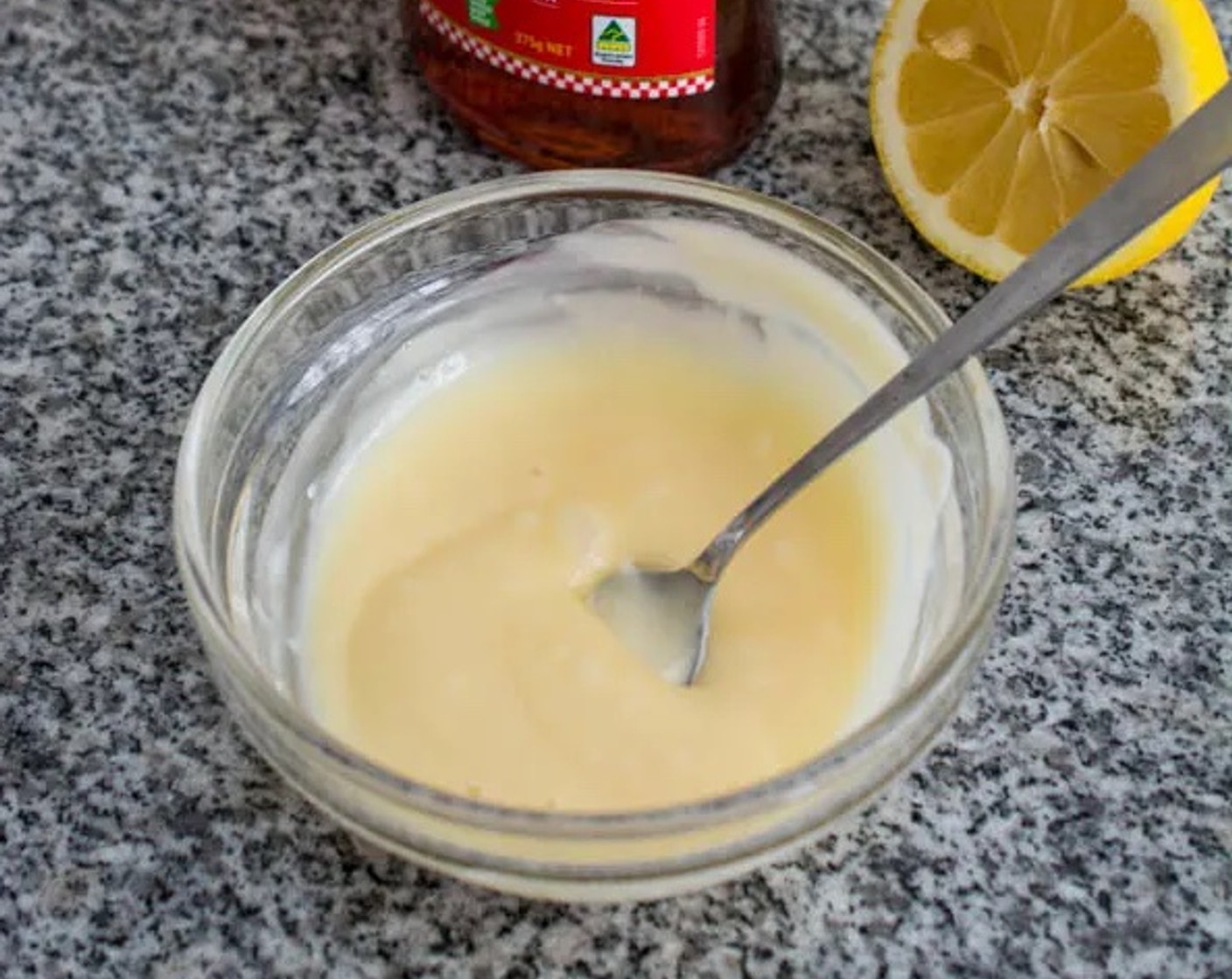 step 9 Make the creamy sauce by combining Mayonnaise (3 Tbsp), Honey (1 1/2 Tbsp), Sweetened Condensed Milk (1 Tbsp), and Lemon Juice (1) in a small bowl. Stir well.